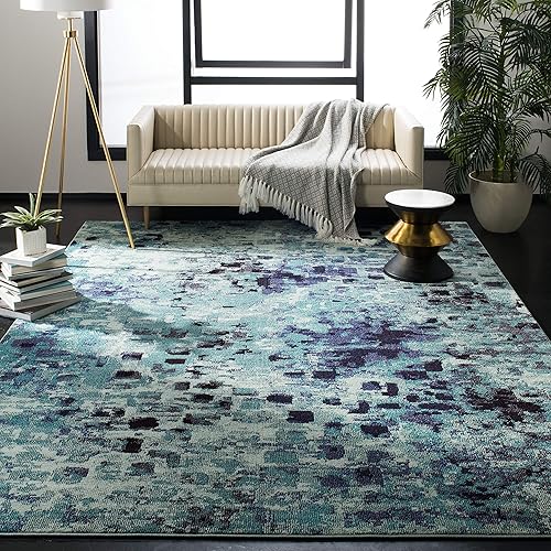 SAFAVIEH Monaco Collection MNC225J Boho Chic Abstract Watercolor Non-Shedding Living Room Bedroom Accent Area Rug, 4' x 5'7", Light Blue / Multi