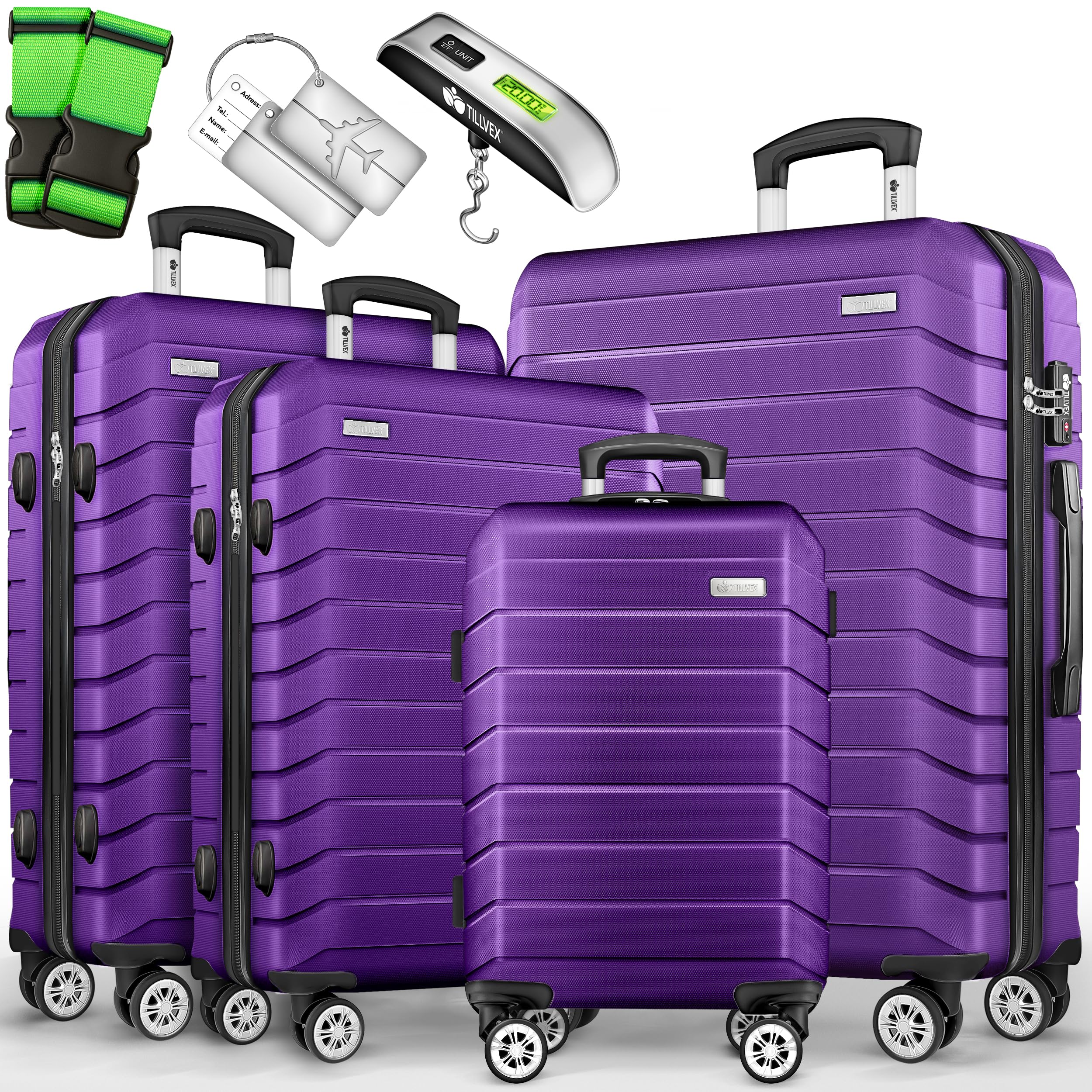 tillvex® Reisekoffer Set 4-teilig + Gepäckwaage, 8X Koffergurte & 4X Kofferanhänger | Kofferset 4 Rollen | Trolley Gepäck Koffer TSA Schloss | Hartschalenkofferset S-M-L-XL
