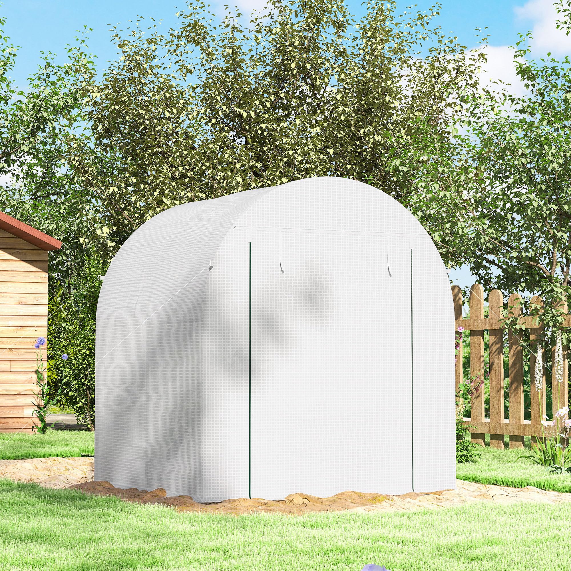 Outsunny Invernadero de Jardín 180x180x200 cm Invernadero de Túnel Pequeño con Puerta Enrollable y Ventana de Malla para Cultivar Plantas Flores Blanco