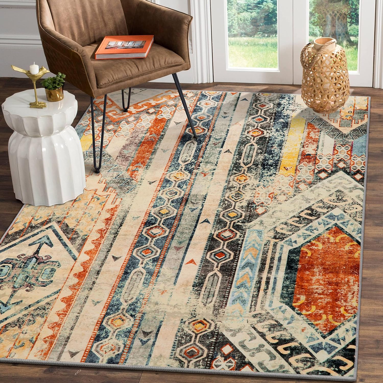 Wonnitar Machine Washable Area Rug Boho 3x5 UltraThin Entry Rug,Brown