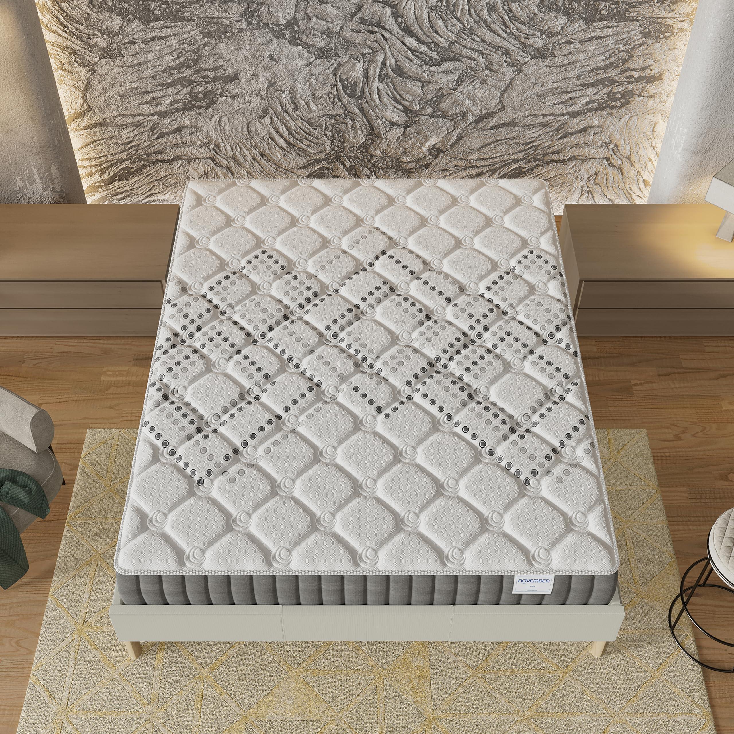 NOVEMBER- Ensemble Matelas + sommier (120 x 190cm)- Matelas Eliha Ressorts ensachés & Mousse Haute Densité d’épaisseur 20cm + Sommier Bois Stable & Robuste revêtement Tissu Blanc