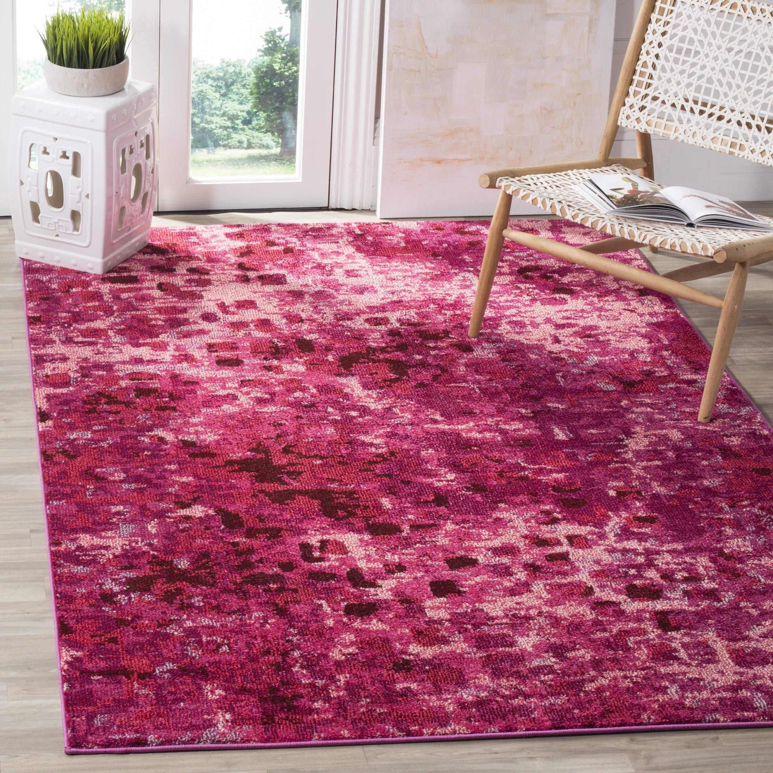 SAFAVIEH Monaco Collection Area Rug - 6'7" Square, Fuchsia, Boho Chic Abstract Watercolor Design, Non-Shedding & Easy Care, Ideal for High Traffic