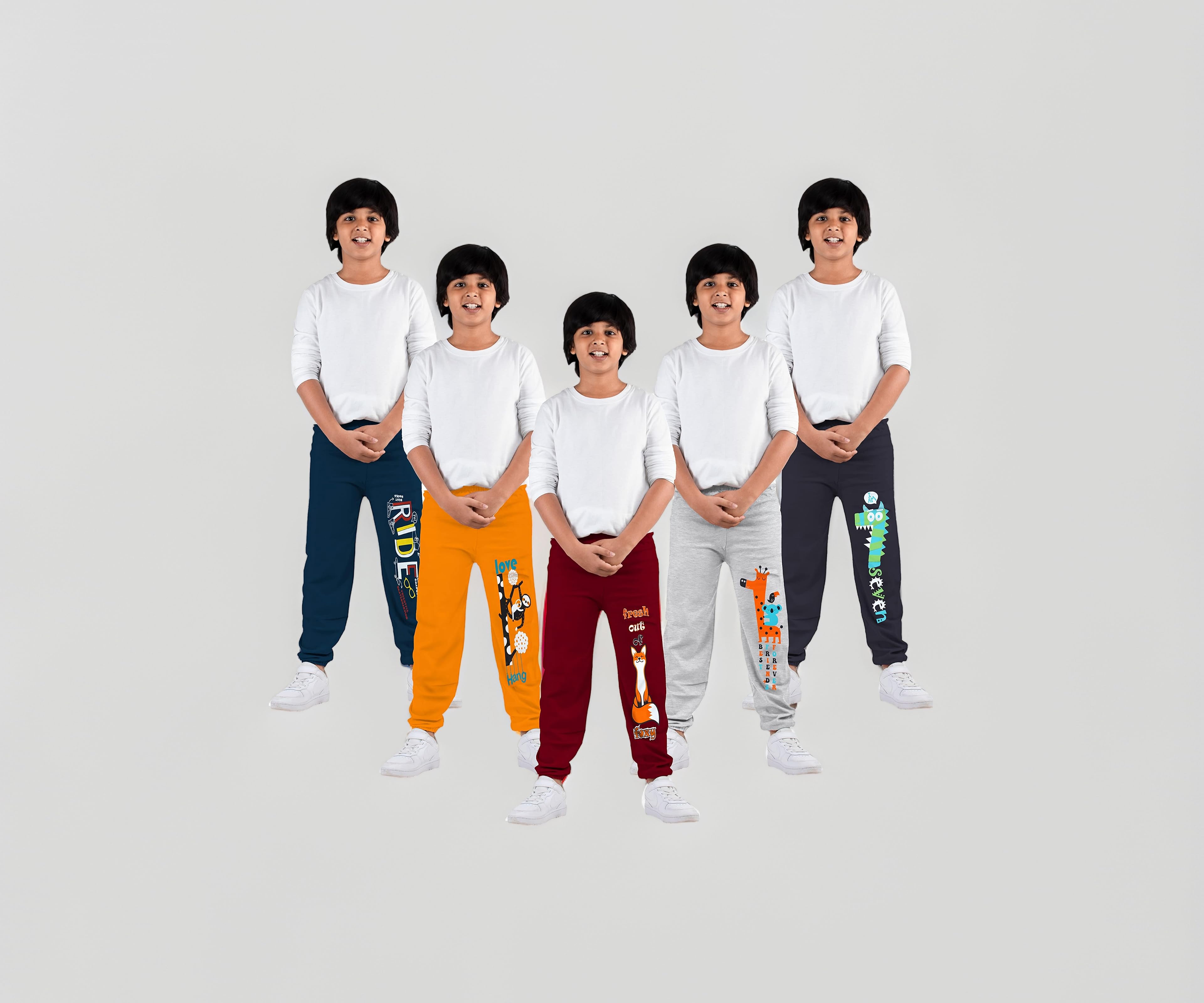 KYDA KIDSยฎ Boys 100% Cotton Printed Track Pants | Elastic Waist Loose Fit Kids Casual Summer Trousers | Multicolor Combo (Pack of 5)