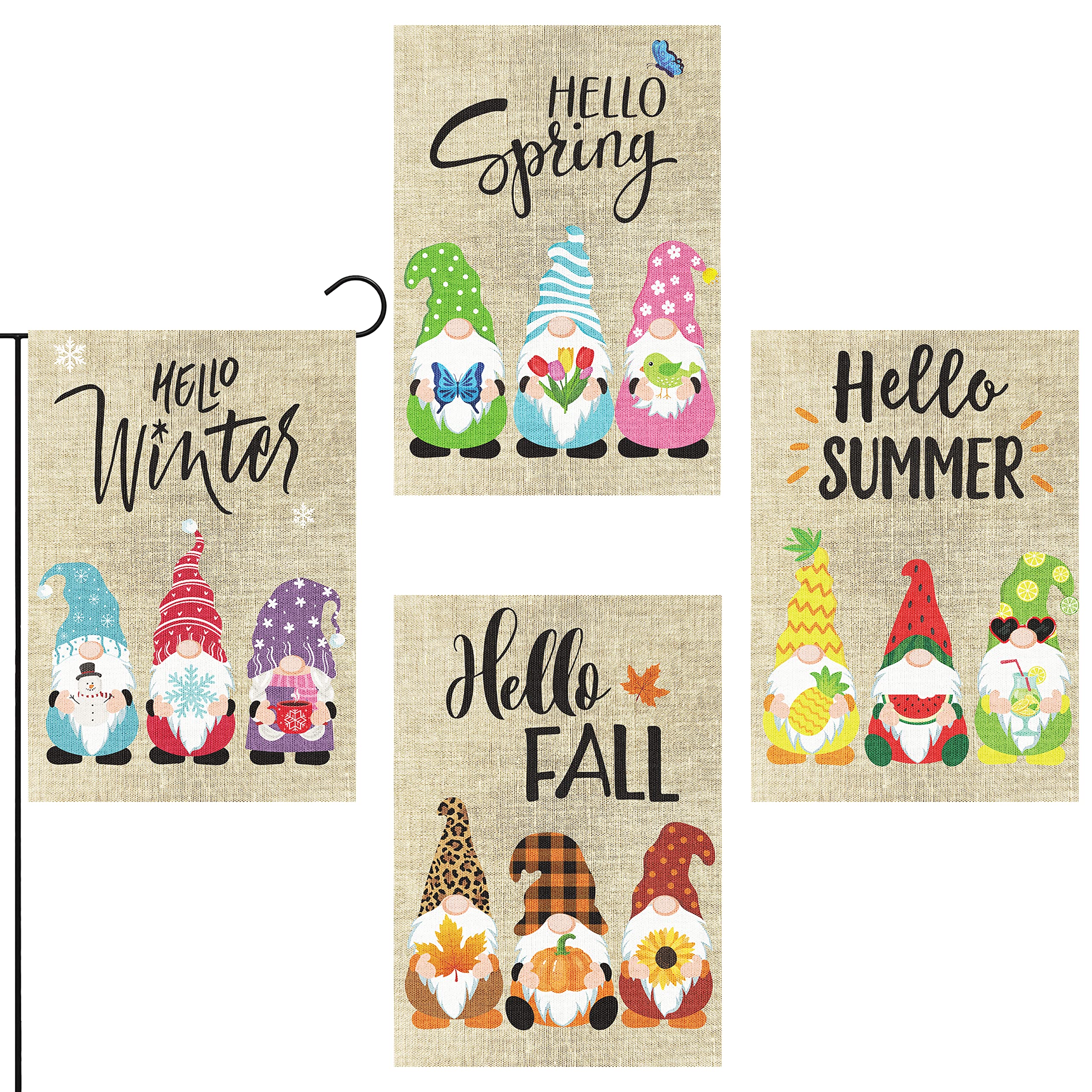WATINC 4-teiliges Saisonales Zwerge-Gartenflaggen-Set – Hello Frühling, Sommer, Herbst, Winter, 32x45 Cm