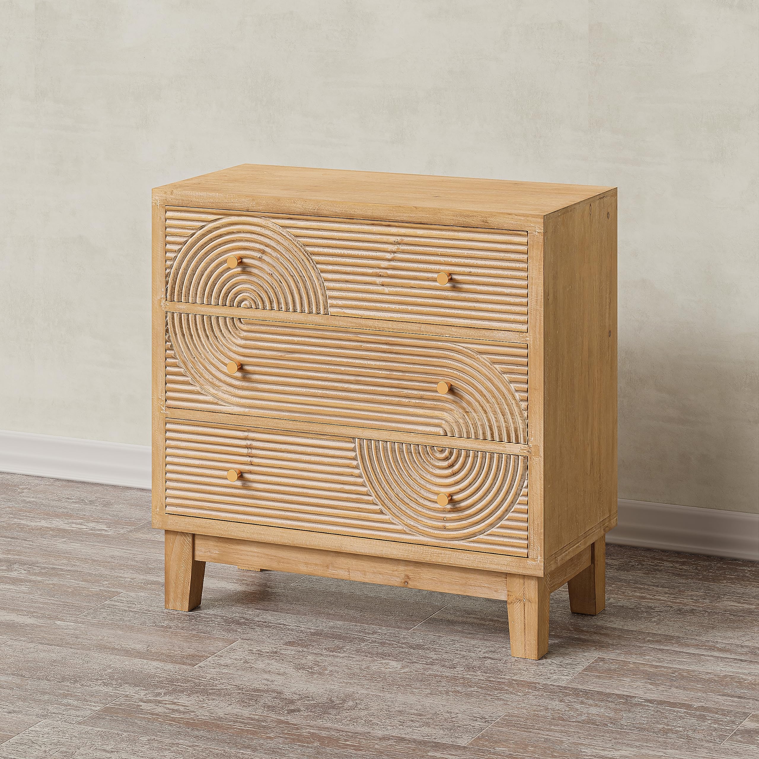 2-Drawer Farmhouse Nightstand, Mid Century Nightstand Fully Assembled with Handcrafted Wood Ring Pattern for Boho, Mid-Century, Rustic Style, Natural Wood: Natural Wood-3-drawer 1-PACK