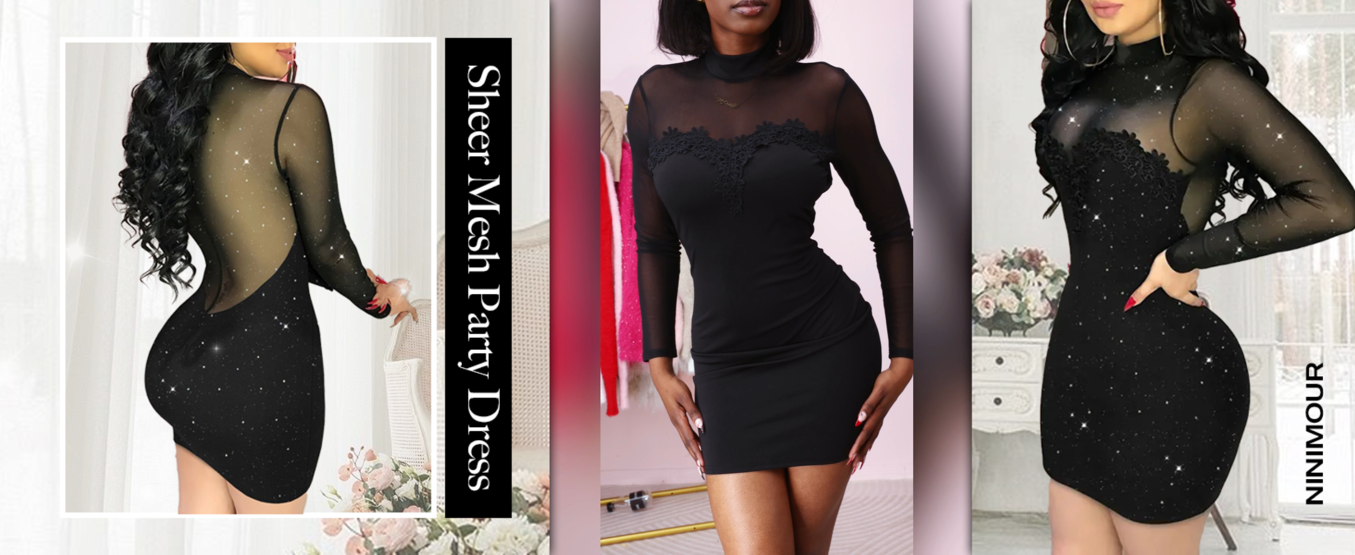 Amazon.com: Womens Long Sleeve Bodycon Mini Dress Mock Neck Sheer Mesh  Patch Night Out Party Short Dress Black 1-XL : Clothing, Shoes & Jewelry