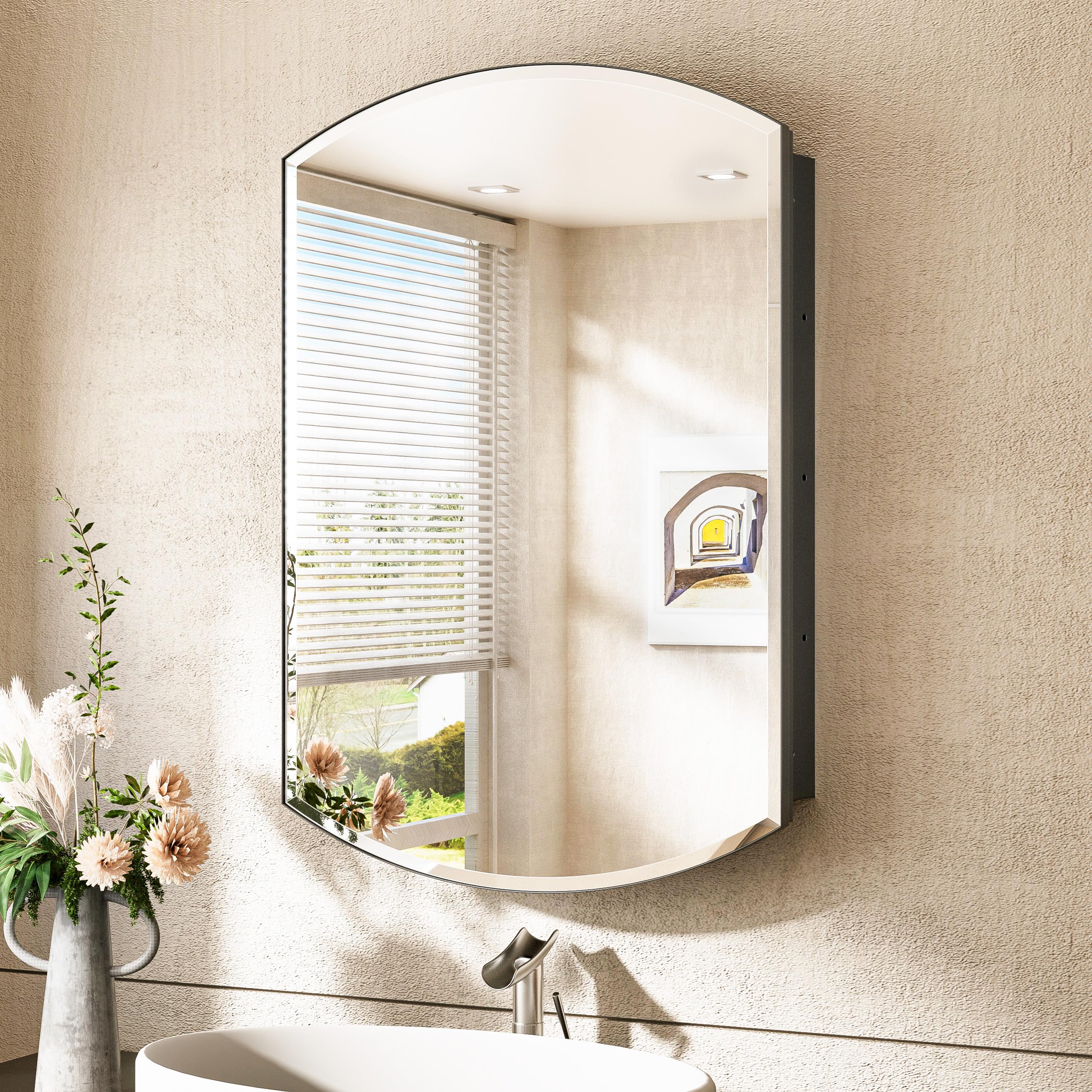 TokeShimi 24x36 Recessed Medicine Cabinet with Mirror Arched, Oval Black Medicine Cabinet with Mirror Beveled with Storage Bathroom Metal Surface