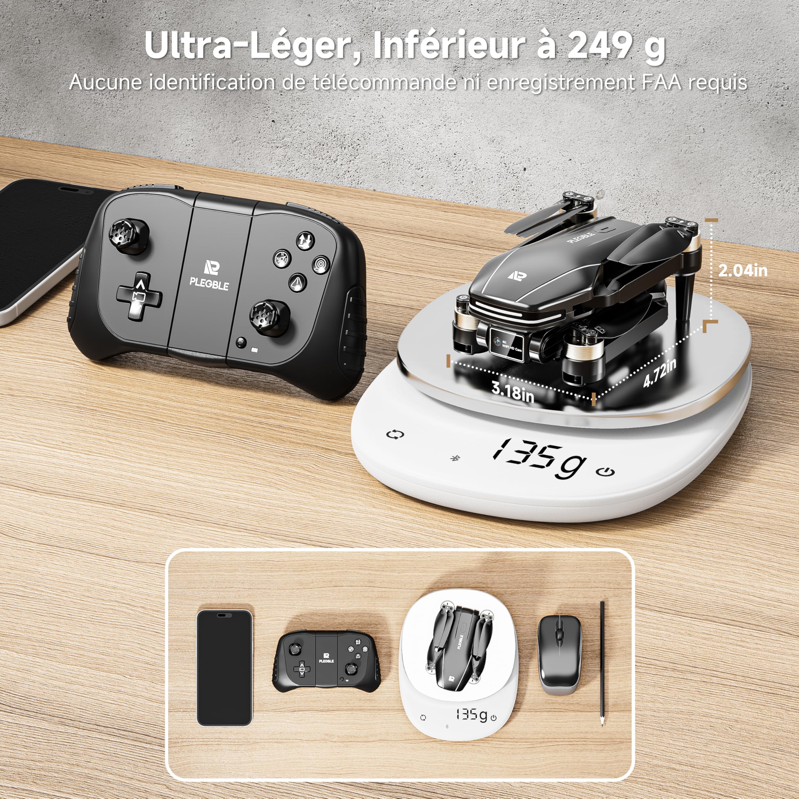 PLEGBLE Drone avec caméra 4K pour enfants, mini drone pour adultes – Moteur sans balais, FPV RC drone avec Wi-Fi 5G, maintien d’altitude, 3D flip, mode sans tête, trajectoire de vol – Cadeau jouet pou