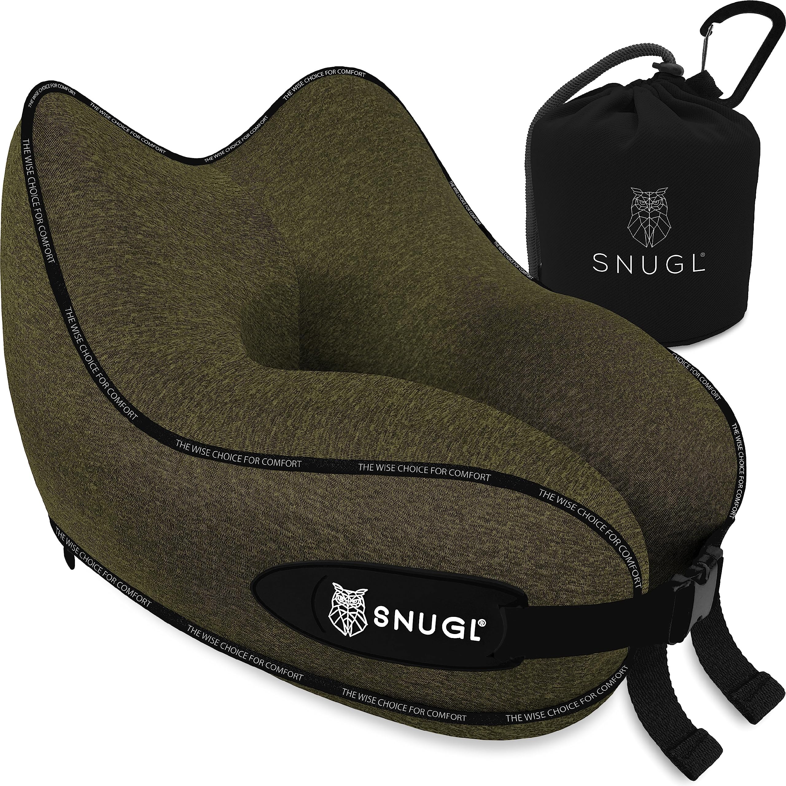 SNUGLSNUGL Travel Pillow - Memory Foam Neck Cushion - Flight Pillow | Support Neck Pillow for Travel | Travel Neck Pillow for Airplane with Carry Bag & Clip | Flying Travel Essentials (Olive - Regular)