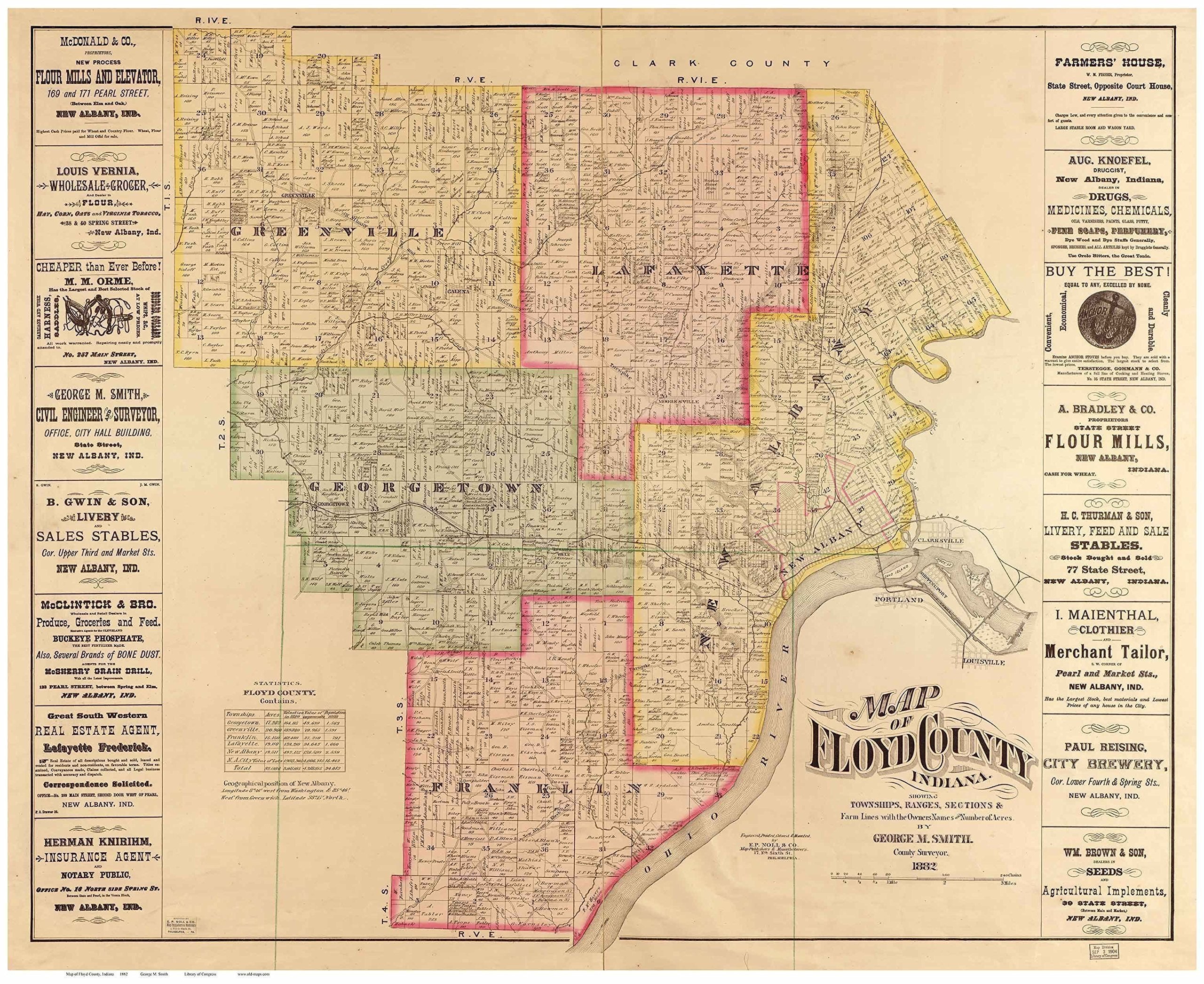 Buy Floyd County Indiana 1882 Wall with Landowner Names Farm Lines