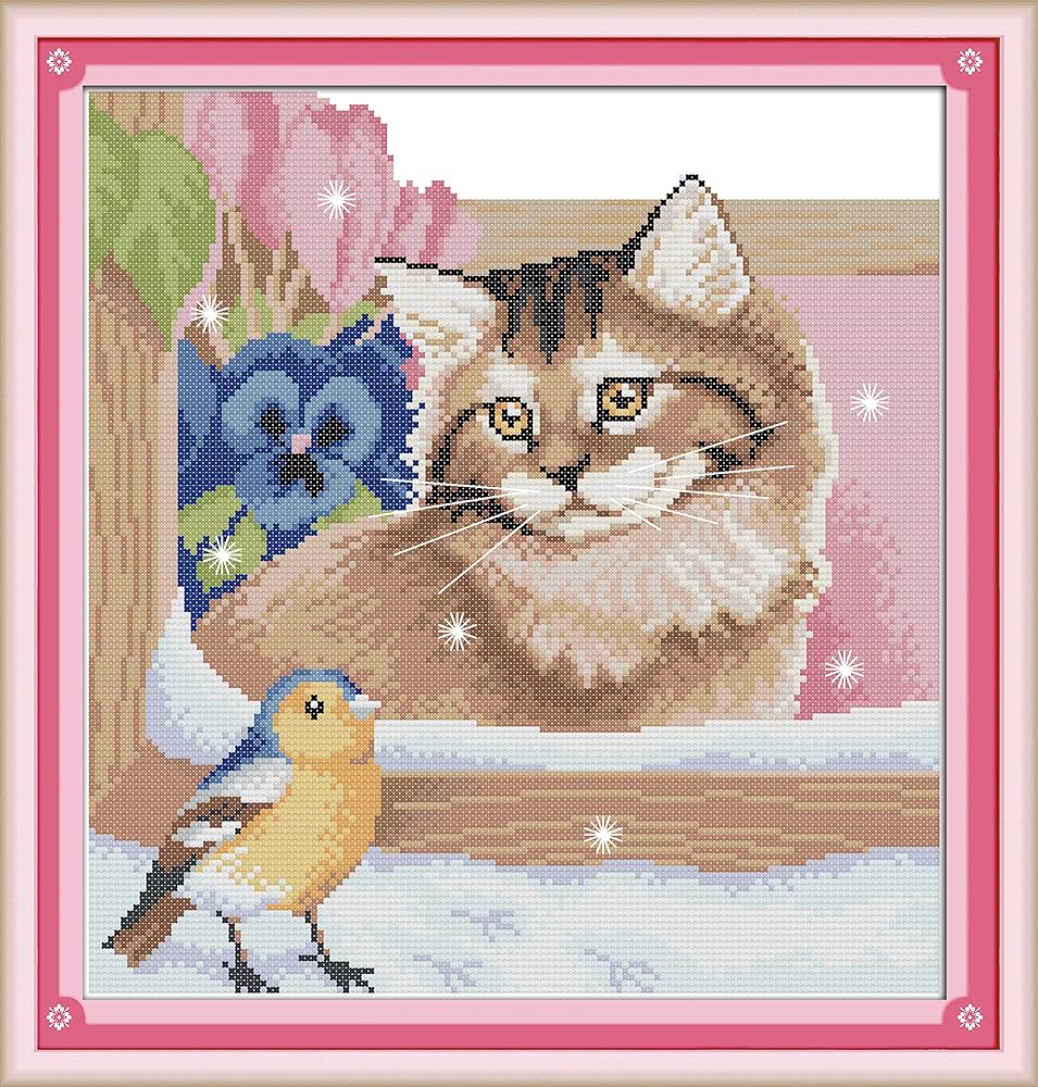 Amazon | OWN4B クロスステッチ刺繍キット図案印刷、11ct 鳥と猫