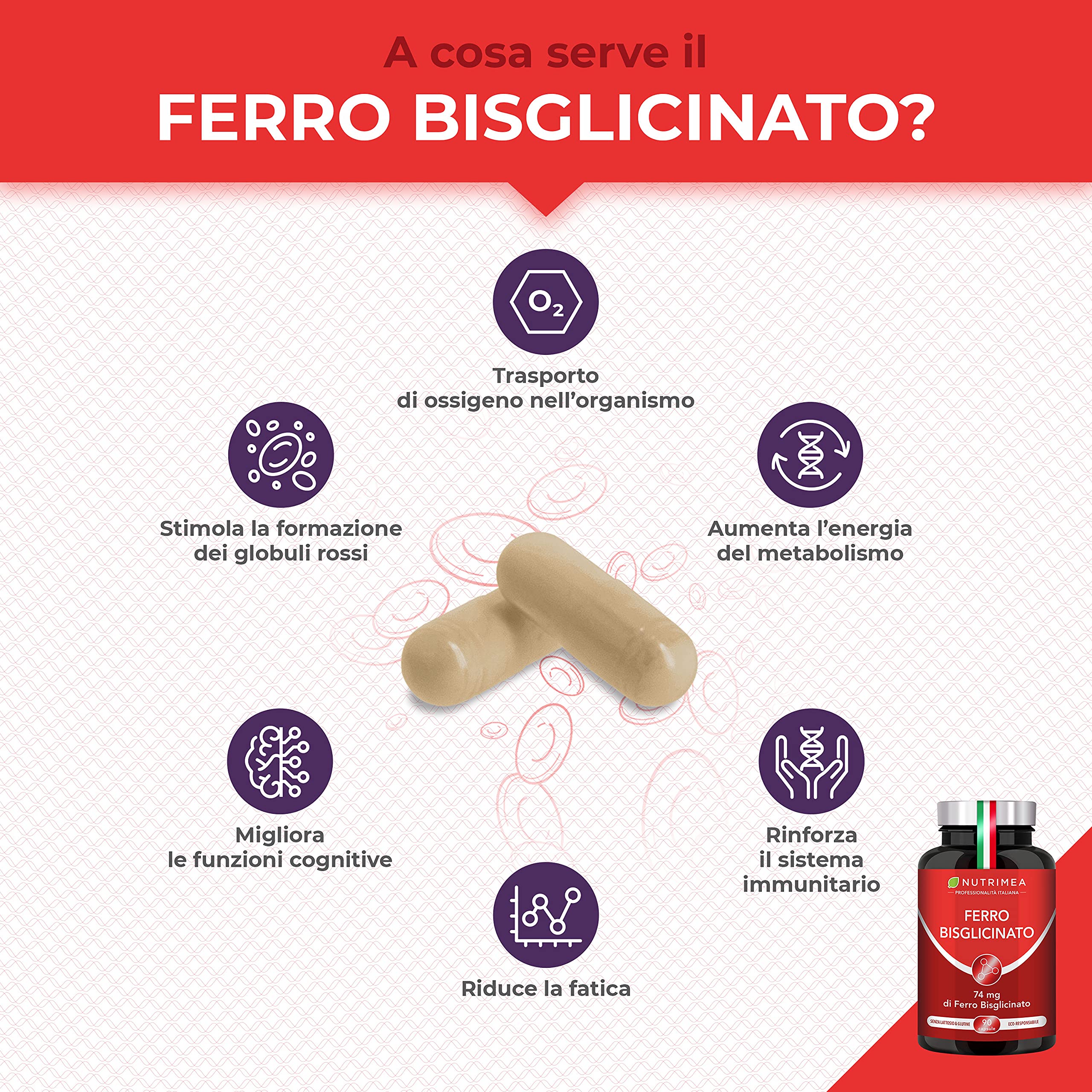 Ferro Bisglicinato | Integratore con Vitamina C | Per Stanchezza Fisica e Anemia | Elevata Tollerabilità Intestinale | Normale Funzione dei Glubuli Rossi e dell'Emoglobina | 90 Capsule