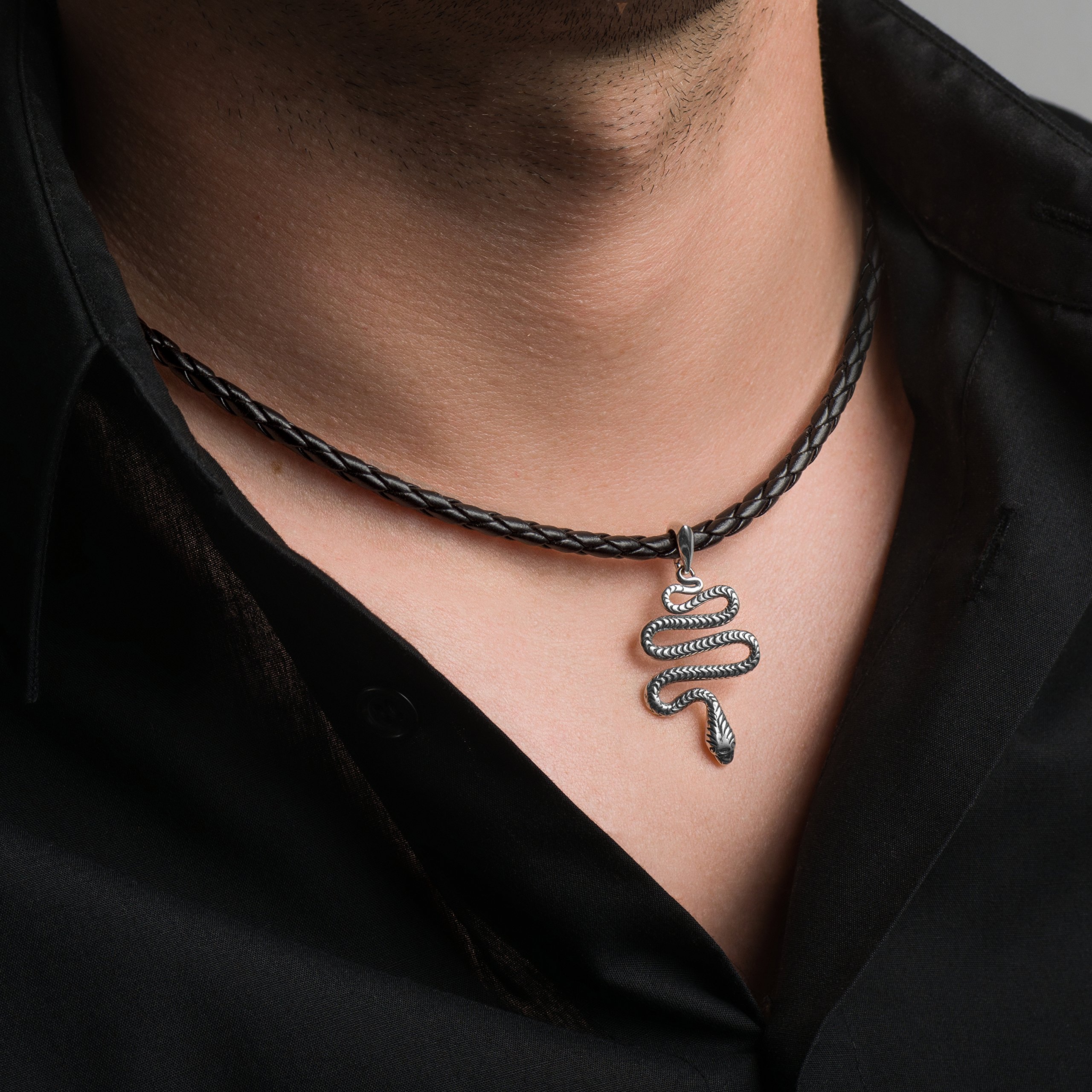 Collana In Pelle Intrecciata Da Uomo Con Pendente A Forma Di Serpente In Argento