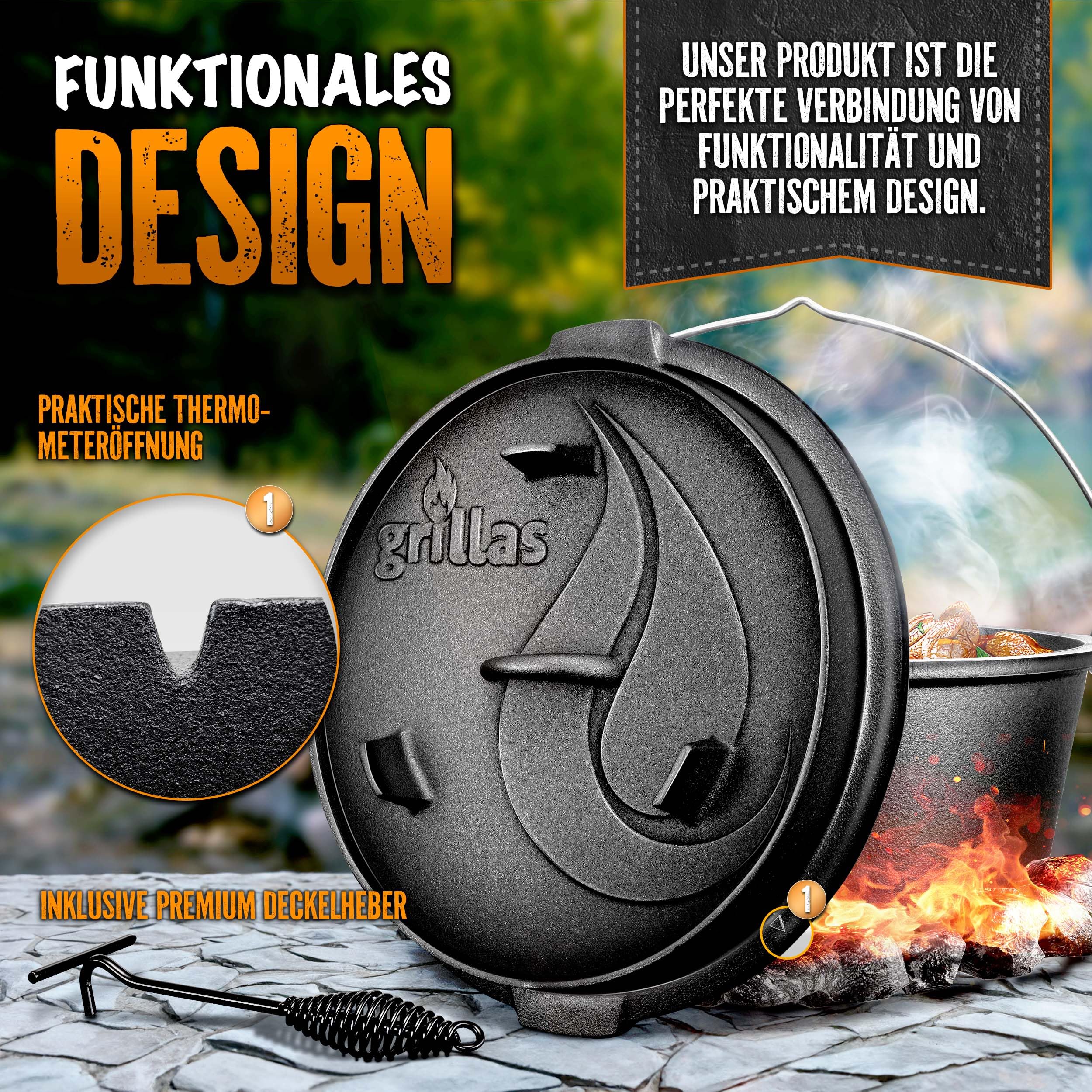 grillas Dutch Oven Set inkl. Rezeptideen | bereits eingebrannt - preseasoned | Feuertopf Gusseisen I Bräter mit Deckelheber und Henkel (Topf mit Füße, 4,2 Liter / 4,5 QT)