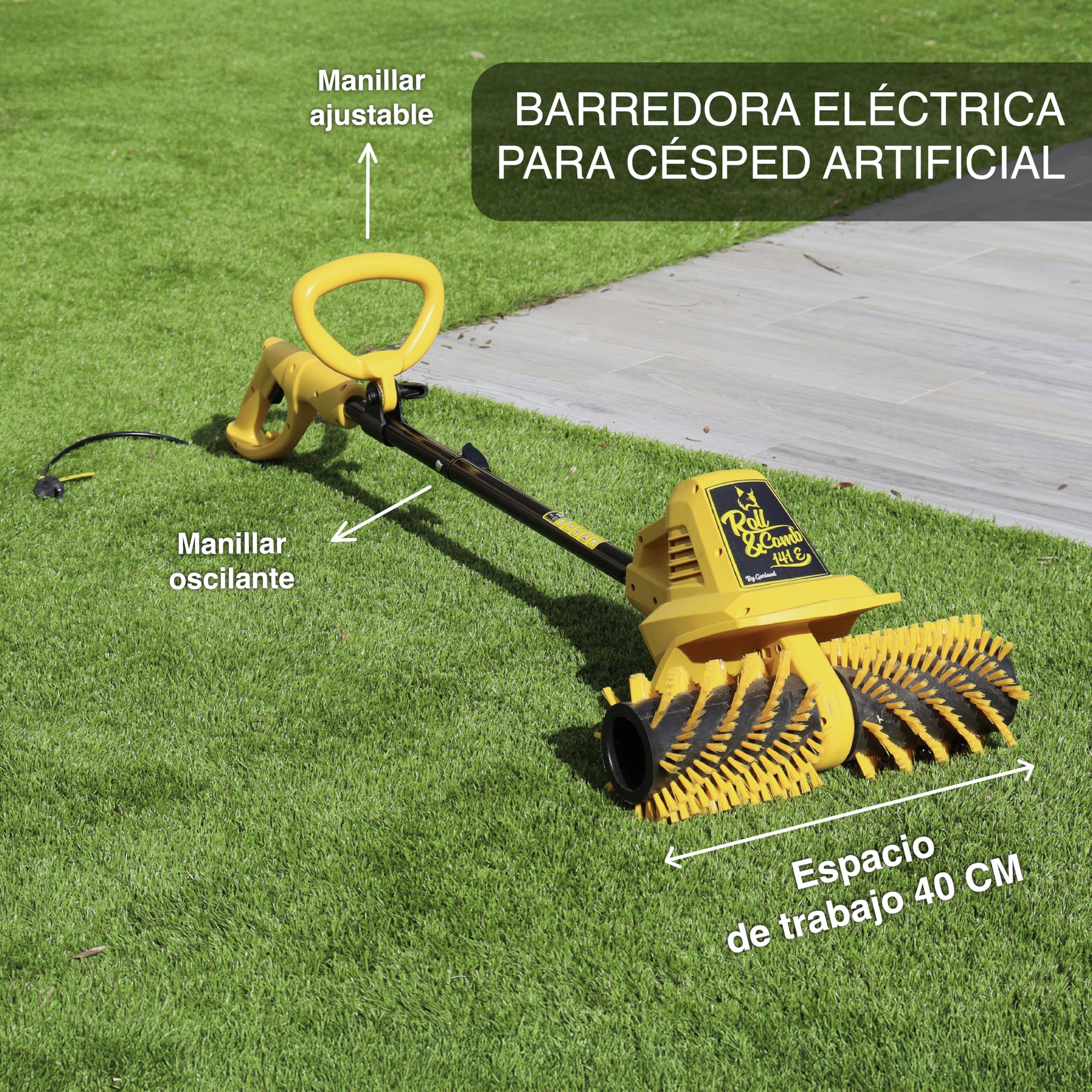 Garland Roll&Comb 141E-V19 - Peinadora/Barredora césped Artificial eléctrica enchufable - 300 W de Potencia, 4'8 kg de Peso y 40 cm de Ancho de Trabajo. con Manillar Plegable.