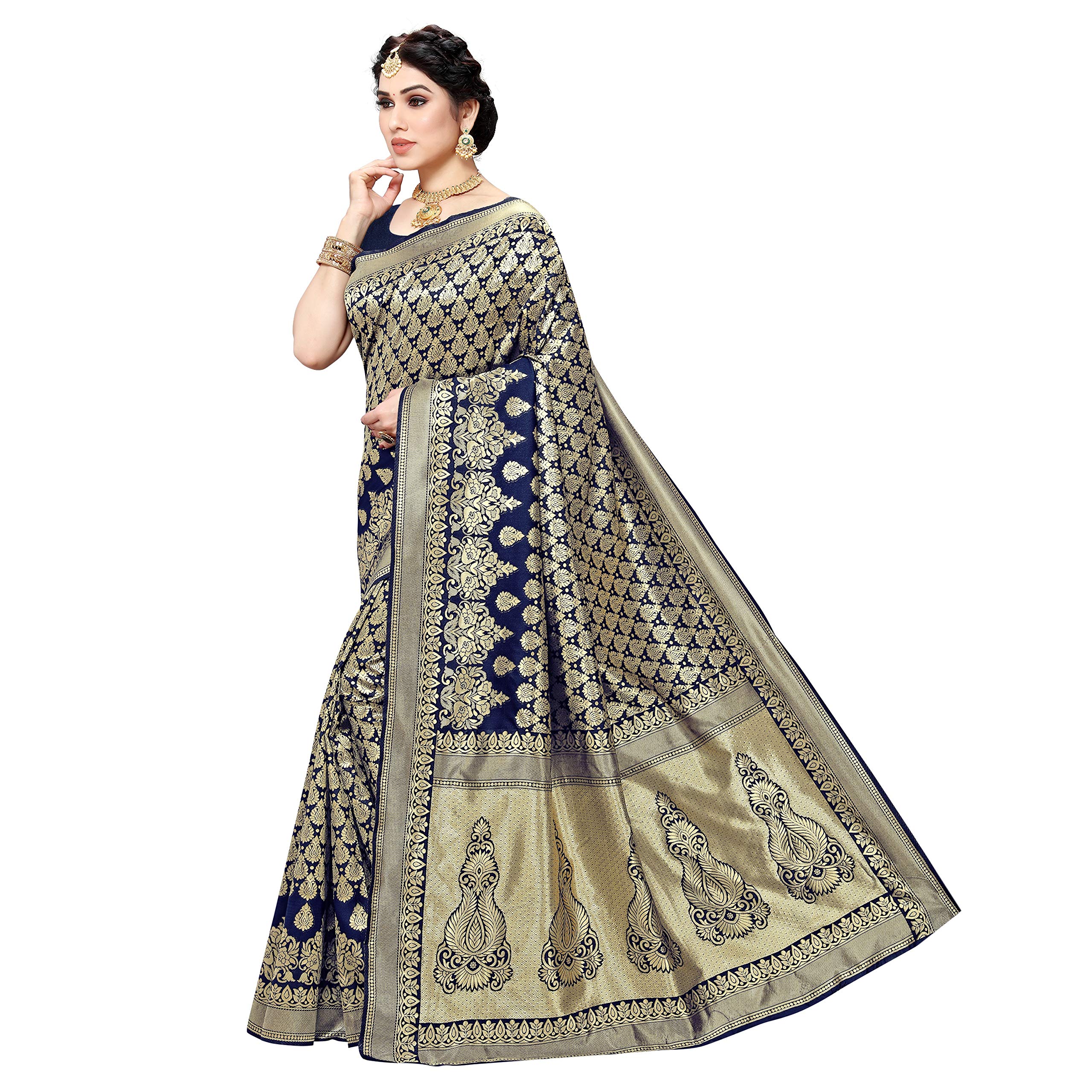 Sidhidata Women's Jacquard Silk Saree with Blouse Piece (T Navy Blue, Pure Silk) 1
