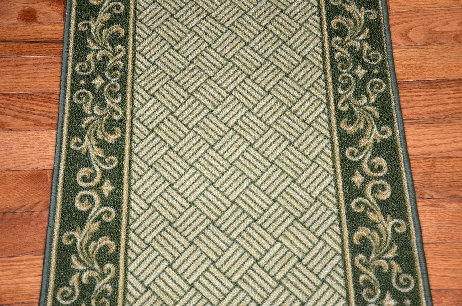 Dark Spring Green Scroll Border Washable NonSkid Carpet