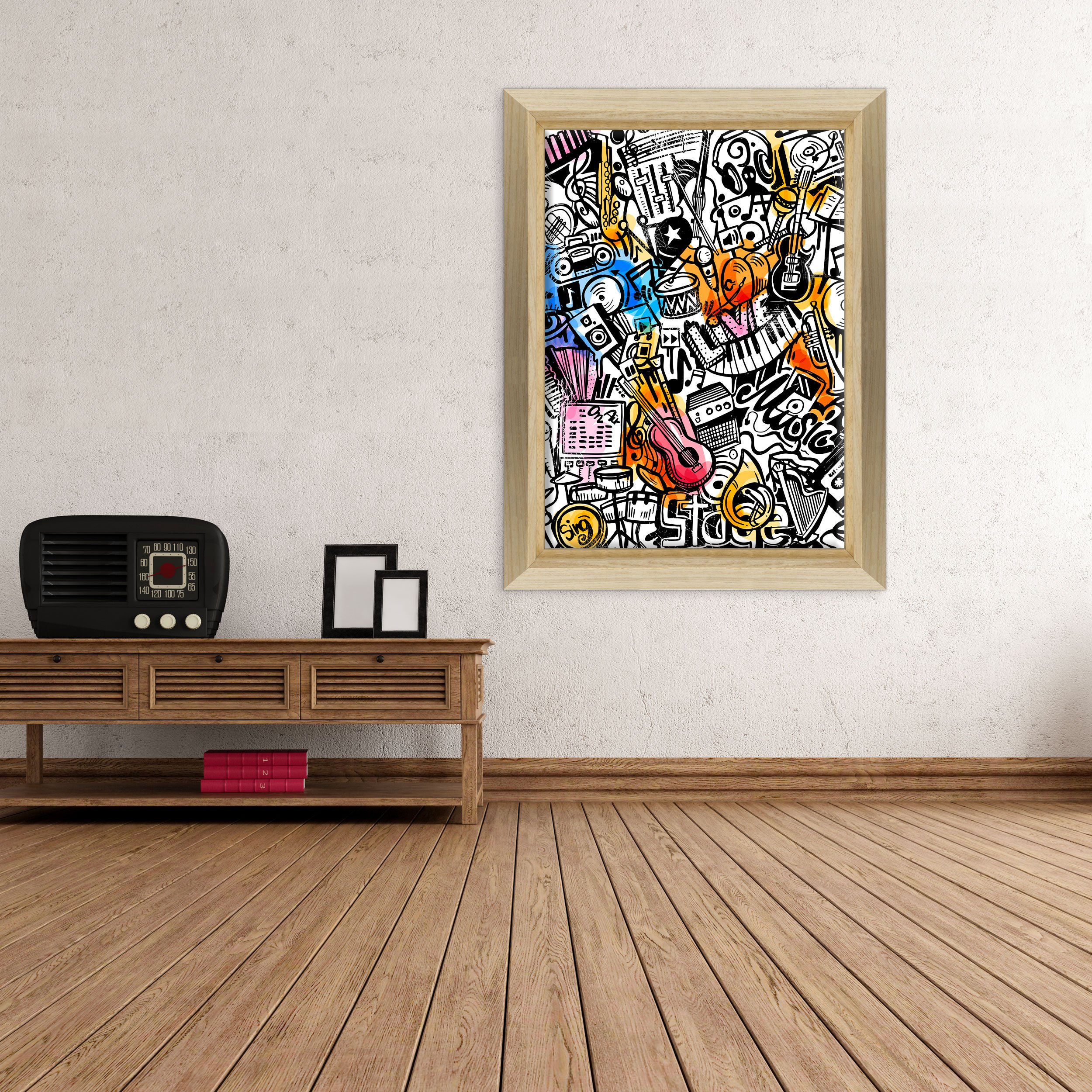 Quadro su Tela Canvas INTELAIATO - con Cornice - Musica Jazz Soul Blues Rock - Illustrazione Graffiti - Street Art - 50x70cm - Stile Design Legno Naturale - (cod.3074)