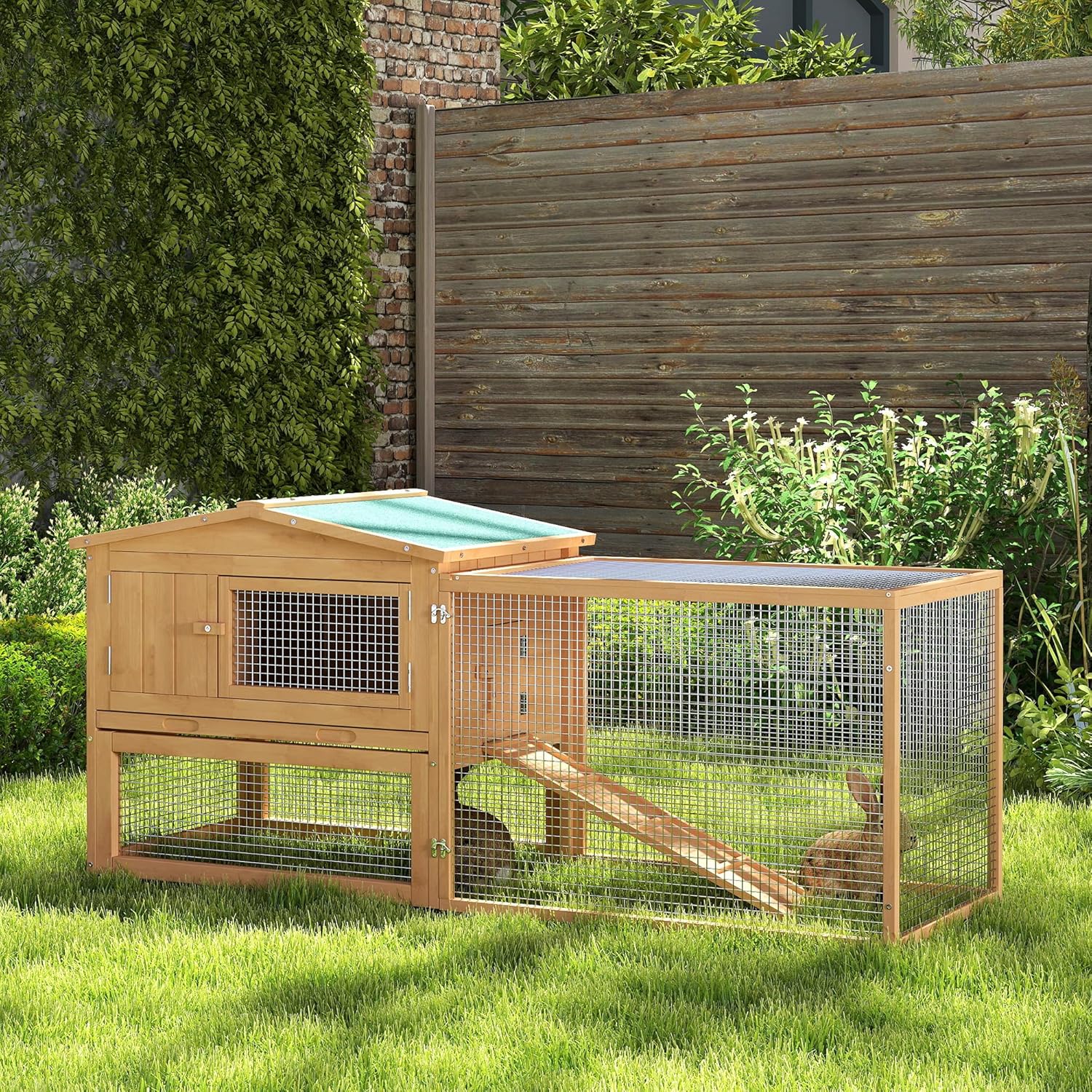 Natural Wood and Wire Outdoor Rabbit Hutch with Run