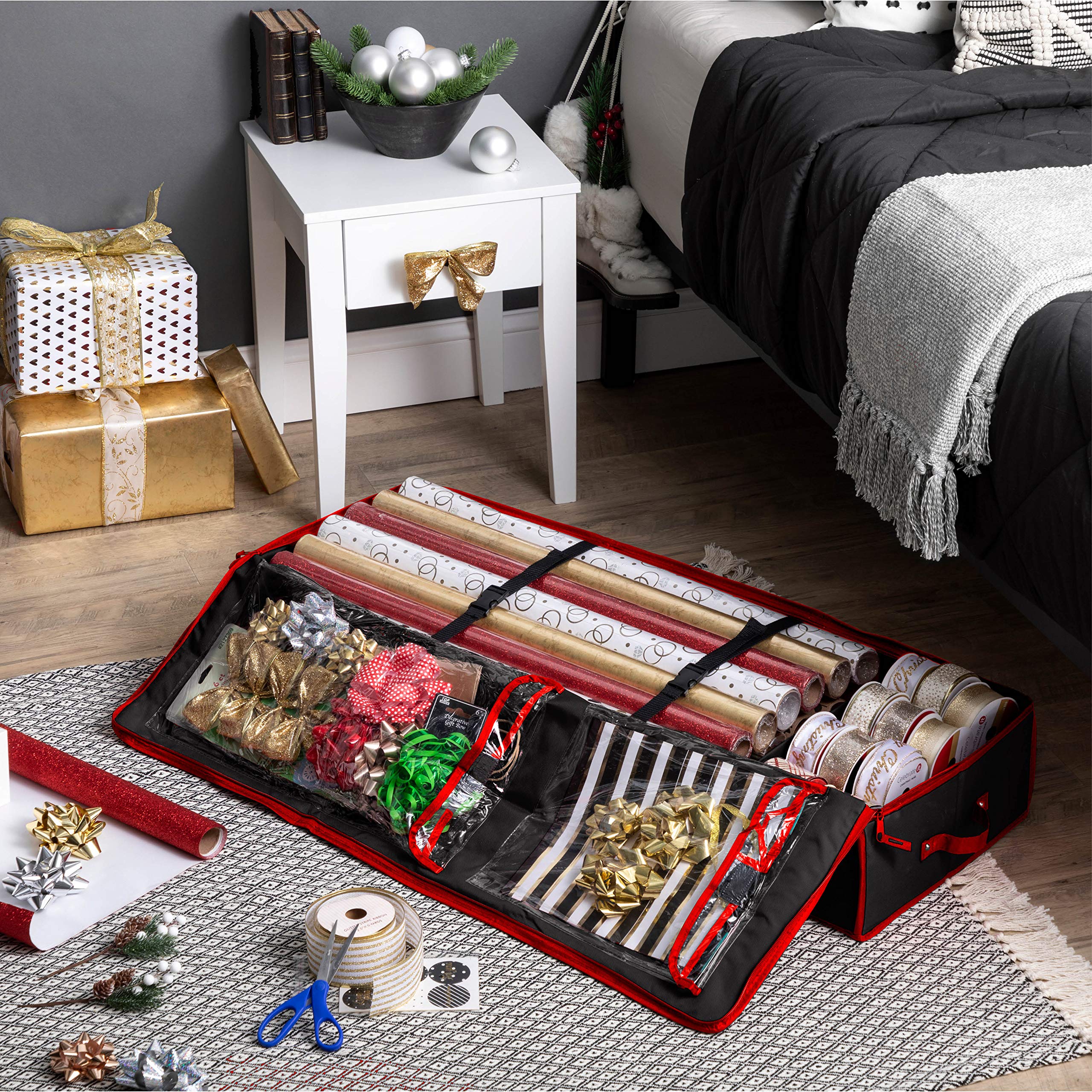 Zober Premium Wrap Organiser, Inner Pockets, Holds up to 24 Rolls, Gift Wrap Storage Box and Holiday Accessories, 101.6 cm Long - Made from Tear-Resistant Fabric