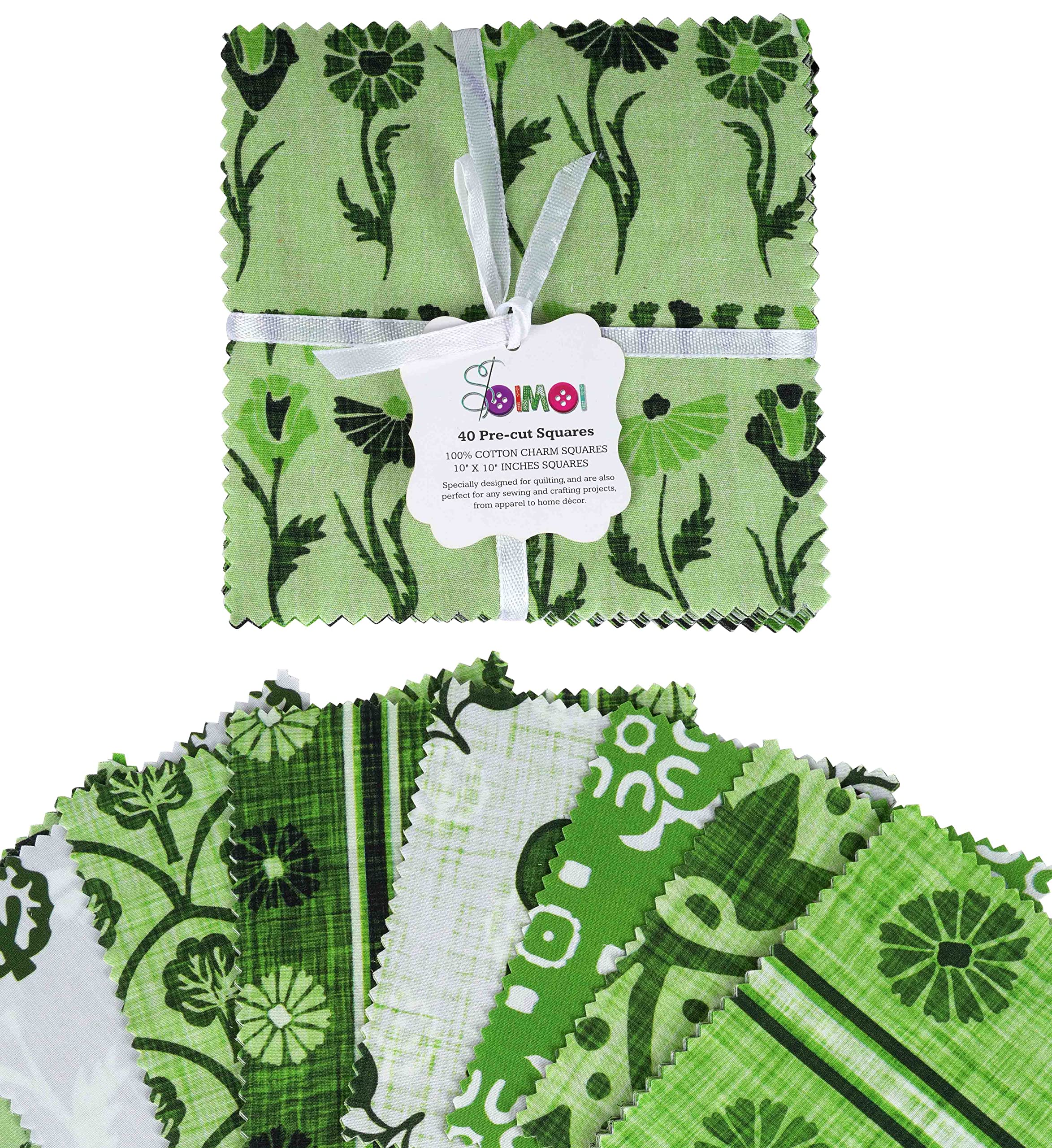 Soimoi Precut 10-inch Block Prints Cotton Fabric Bundle Quilting Squares Charm Pack DIY Patchwork Sewing Craft- Light Green