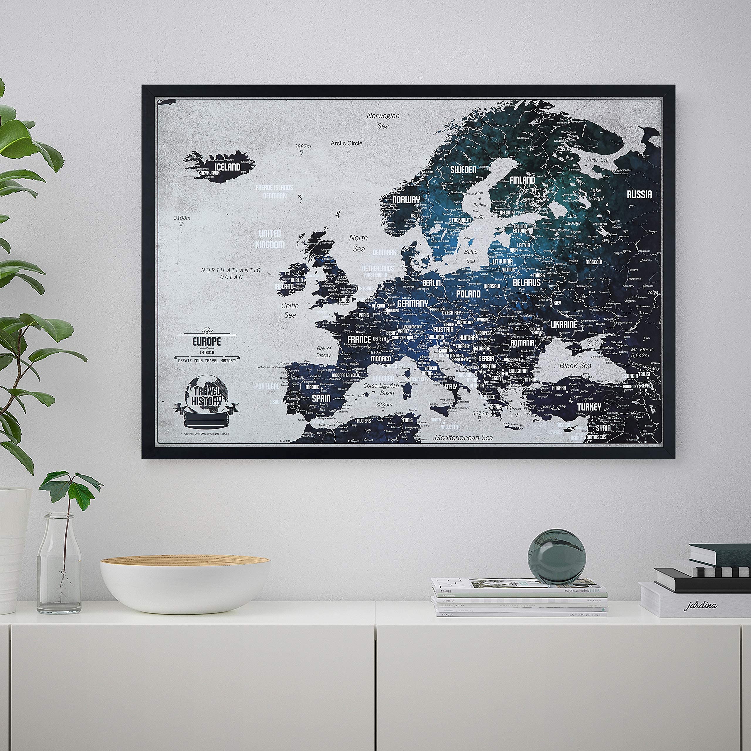 Mappa dell'Europa con puntine, Mappa di viaggio 62x2x42 cm, Mappa di avventura con cornice, mappa dell'Europa con perni di contrassegno di viaggio, La mappa è pronta per l'uso, prodotta in Europa