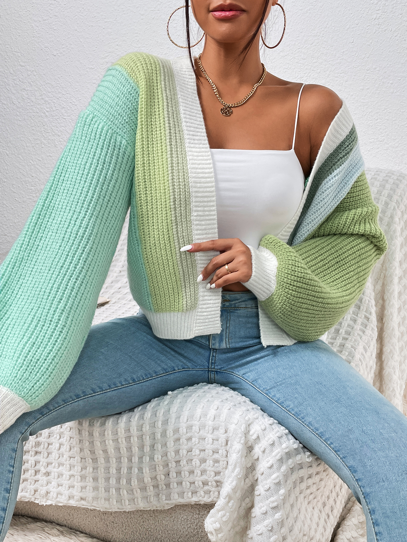 SHENHE Women's Color Block Open Front Long Sleeve Ribbed Knit