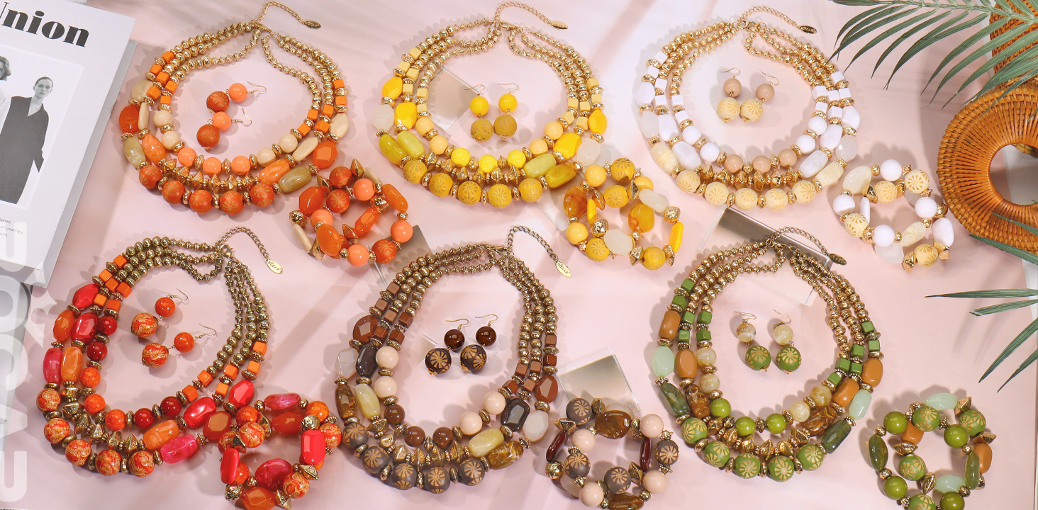 BOCARJEWELRY 3-Layer Chunky Beaded Necklace Set With Earrings – Statement Collar For Women