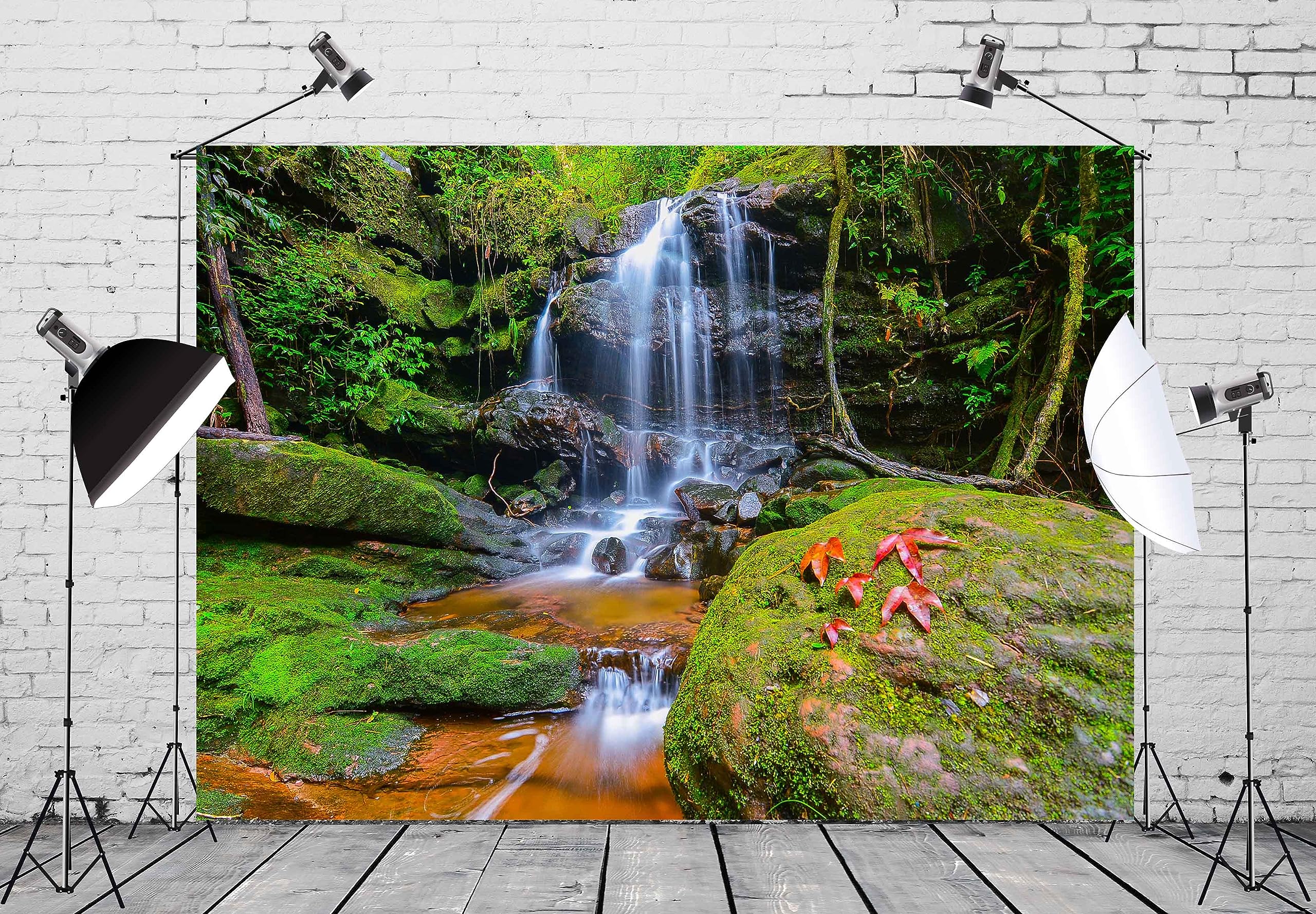 5x4ft Forest Waterfall Backdrop Mountain Rocks Flowing Water Green Forest Trees Nature Photography Background Hiking Travel Party Home Wall Decorations Photo Studio Props