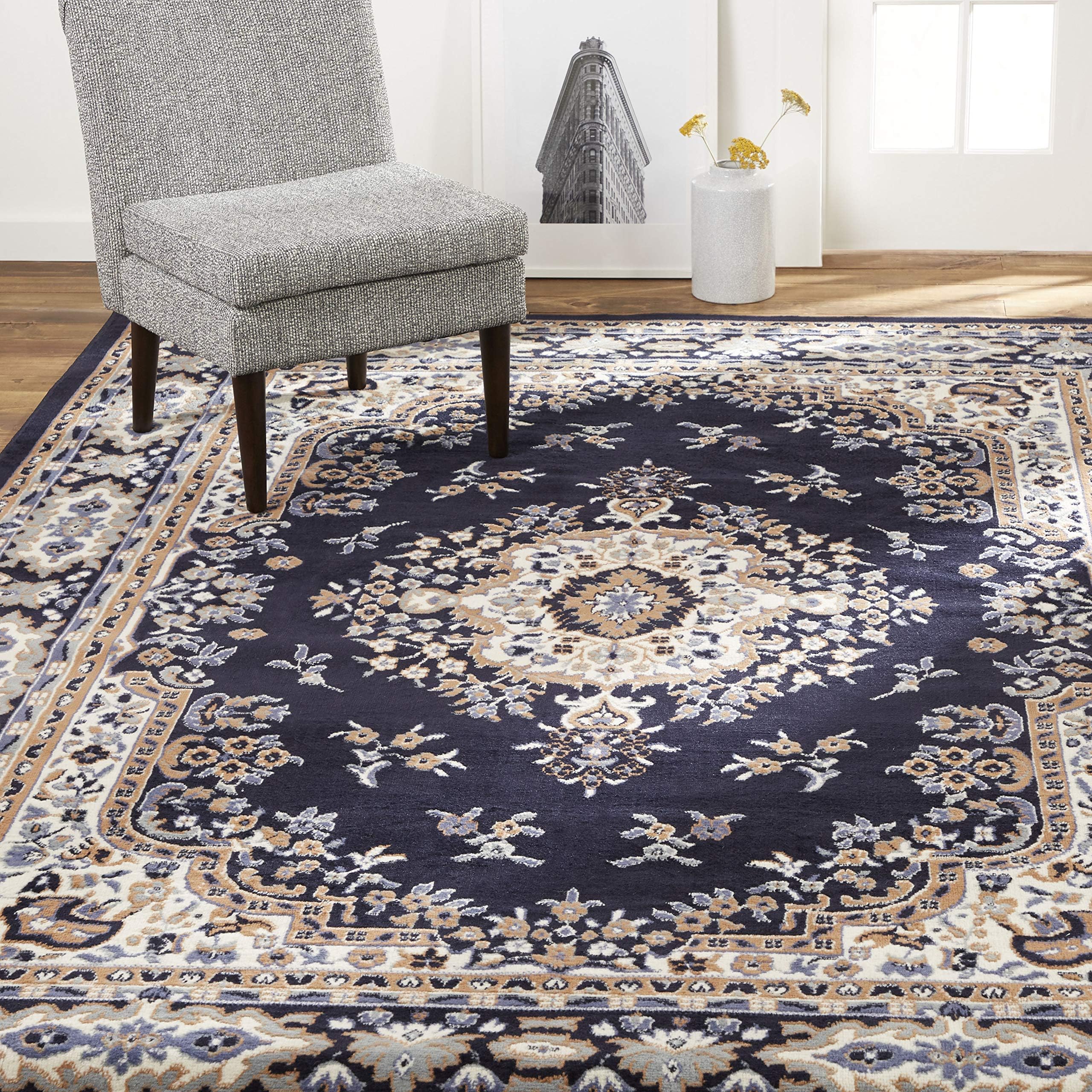 Premium Sakarya Traditional Medallion Border Area Rug, Navy Blue/Brown, 7'8"x10'7" Rectangle