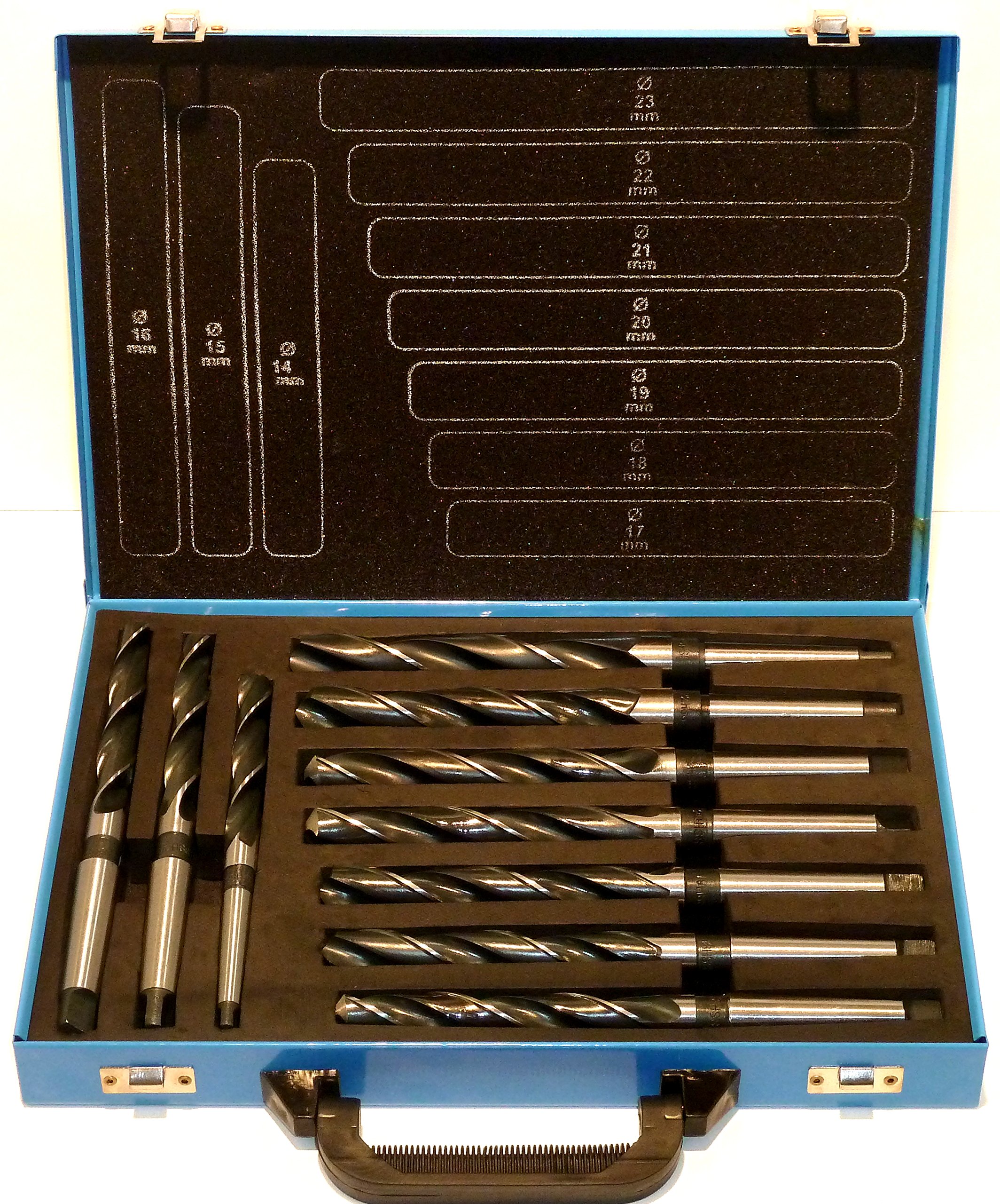 Spiralbohrer-Set 14-23 mm - 10-tlg. HSS Konusbohrer mit Morsekegel MK1/MK2 - Metallbohrer nach DIN 345-118° Kegelmantelanschliff - dampfangelassen - Industriequalität - PeTools