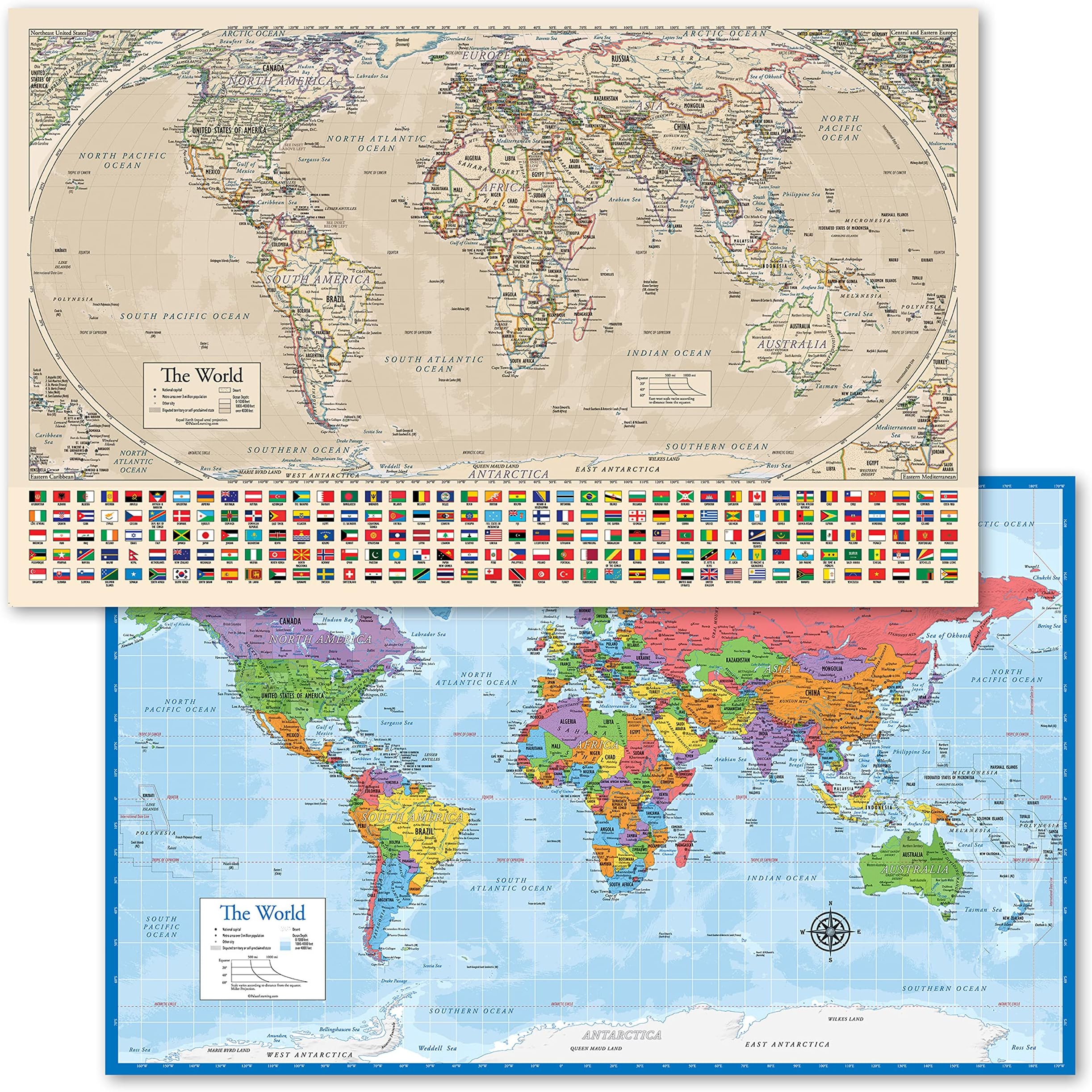 2 Pack - Equal Earth Antique World & World Map [Long Blue] - Equal earth map design shows continents at true relative size. Set of 2 Posters (LAMINATED, 18” x 29”)