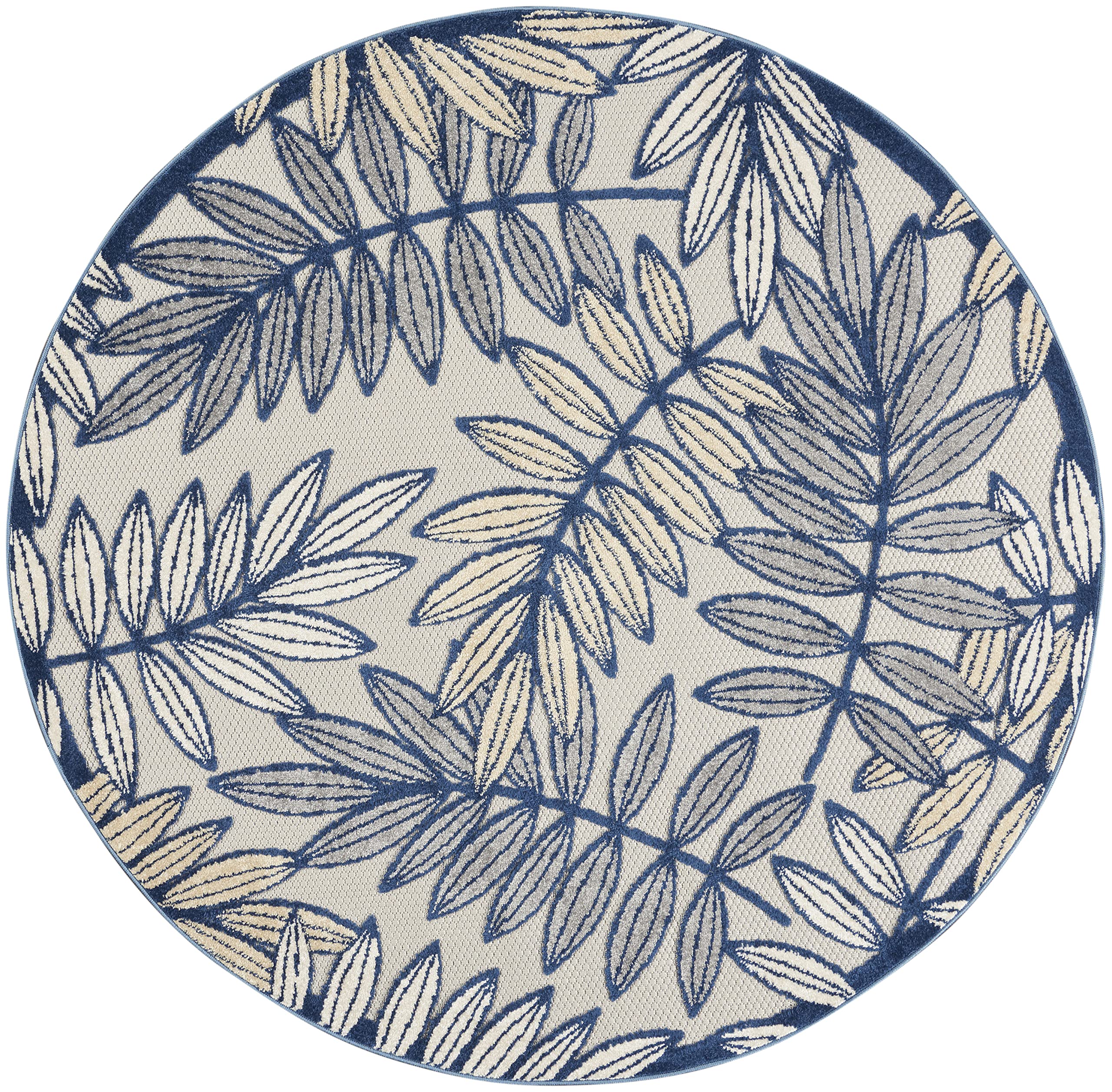 Nourison Aloha Indoor/Outdoor Ivory/Navy 5'3" x Round Area Rug, Tropical, Botanical, Easy Cleaning, Non Shedding, Bed Room, Kitchen, Living Room, Deck, Backyard, (5' Round)