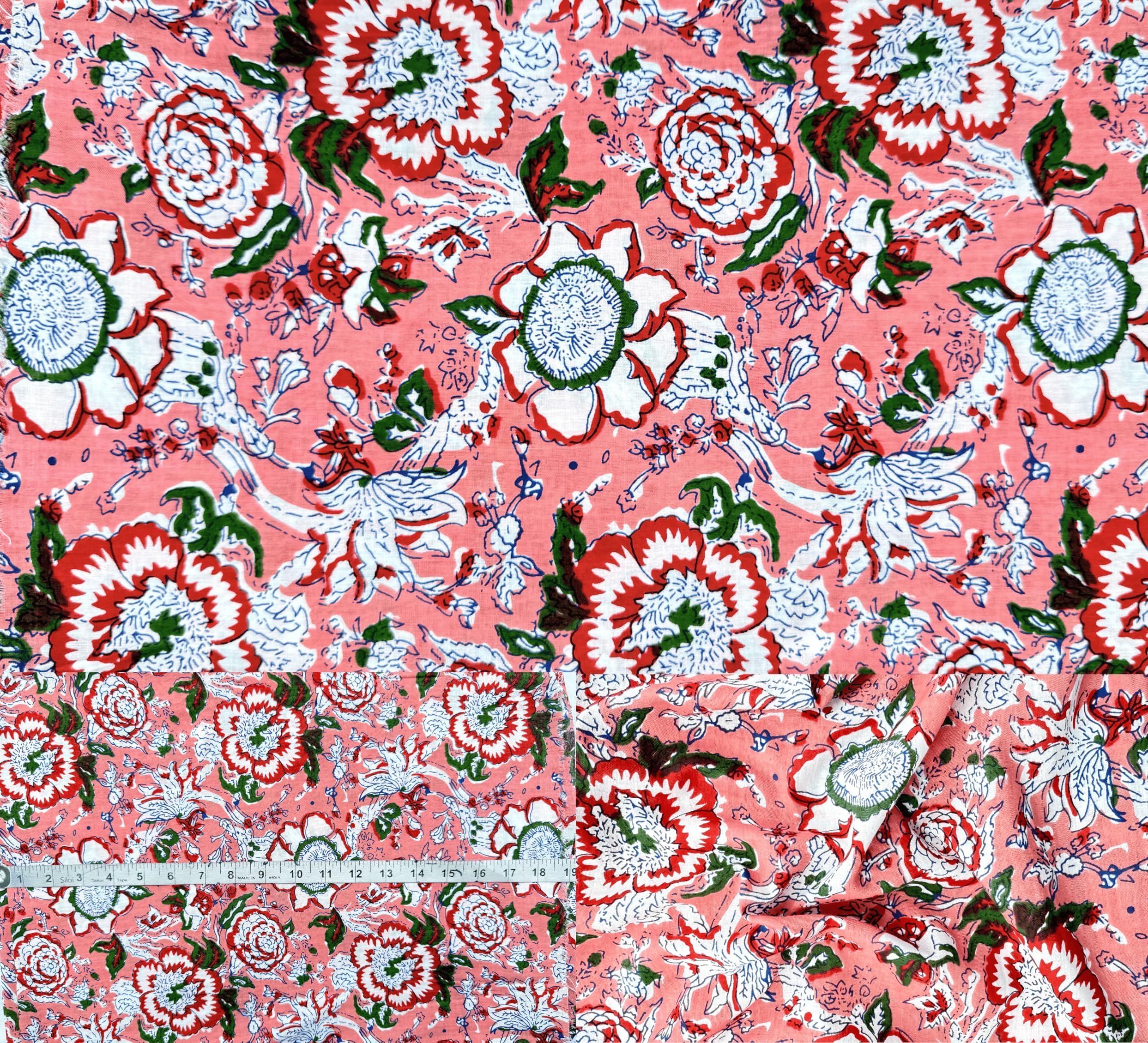 Indian Hand Block Print 60/60 Pink 100% Cotton Fabric by The Yard, Lightweight Floral Quilting & Sewing Fabric for Dressmaking, Upholstery & DIY Craft (TS-121 Pink, 1 Yard Pre Cut)