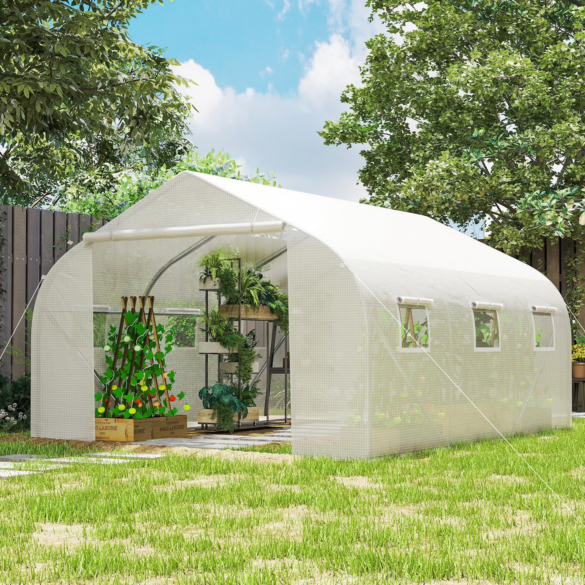 Outsunny Foliengewächshaus, 4,45 x 2,99 x 2,05 m Gewächshaus, Tomatenhaus mit UV-Schutz, Mesh-Fenster, Winddichtes Treibhaus für Garten, Balkon, Metall, Weiß