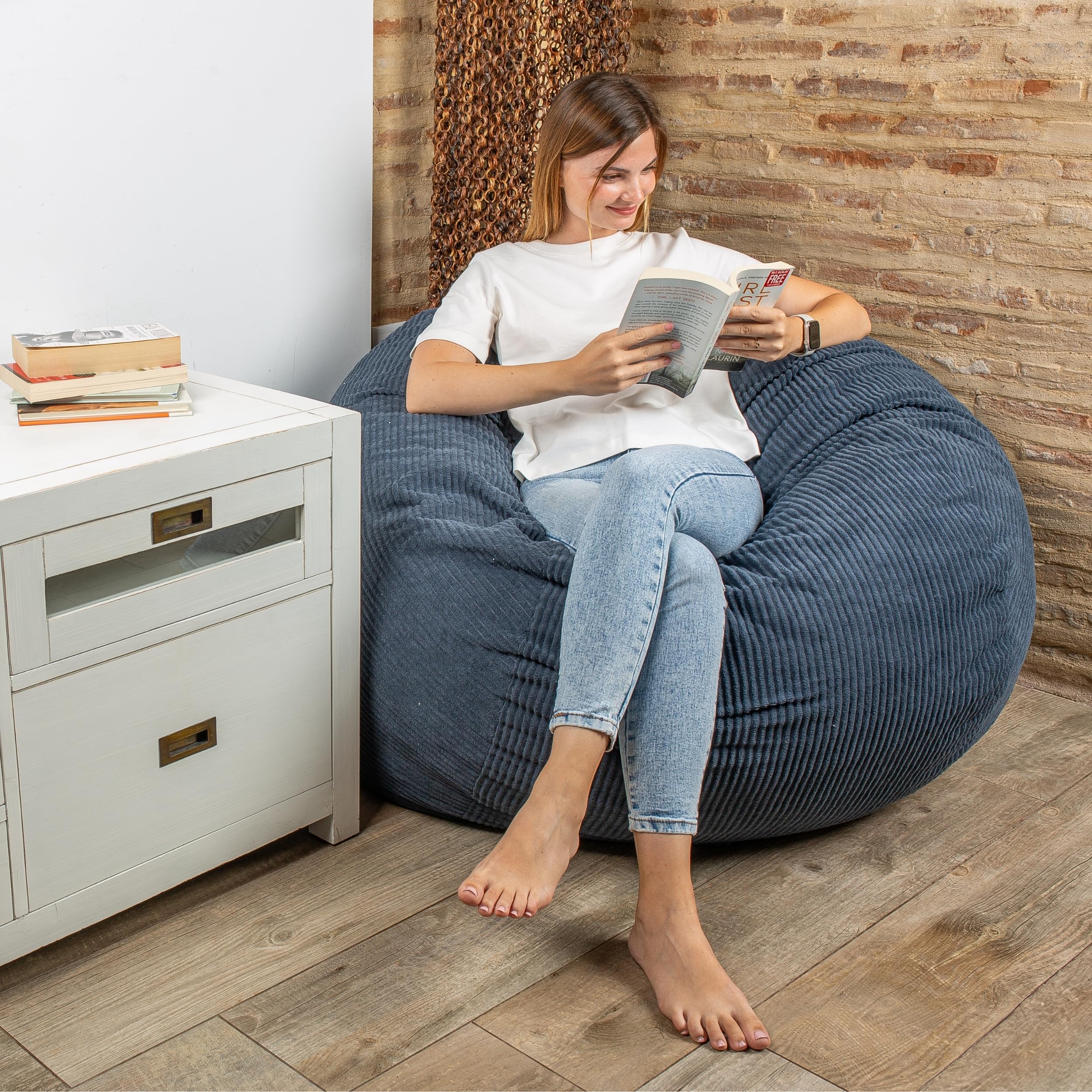 bananair - Pouf Lit Convertible en Velours Côtelé – Transformable en Matelas d’Appoint Ultra Confortable, Rembourrage en Mousse – Pouf Salon/Chambre Utilisable en Futon/Matelas de Sol (Bleu Nuit)