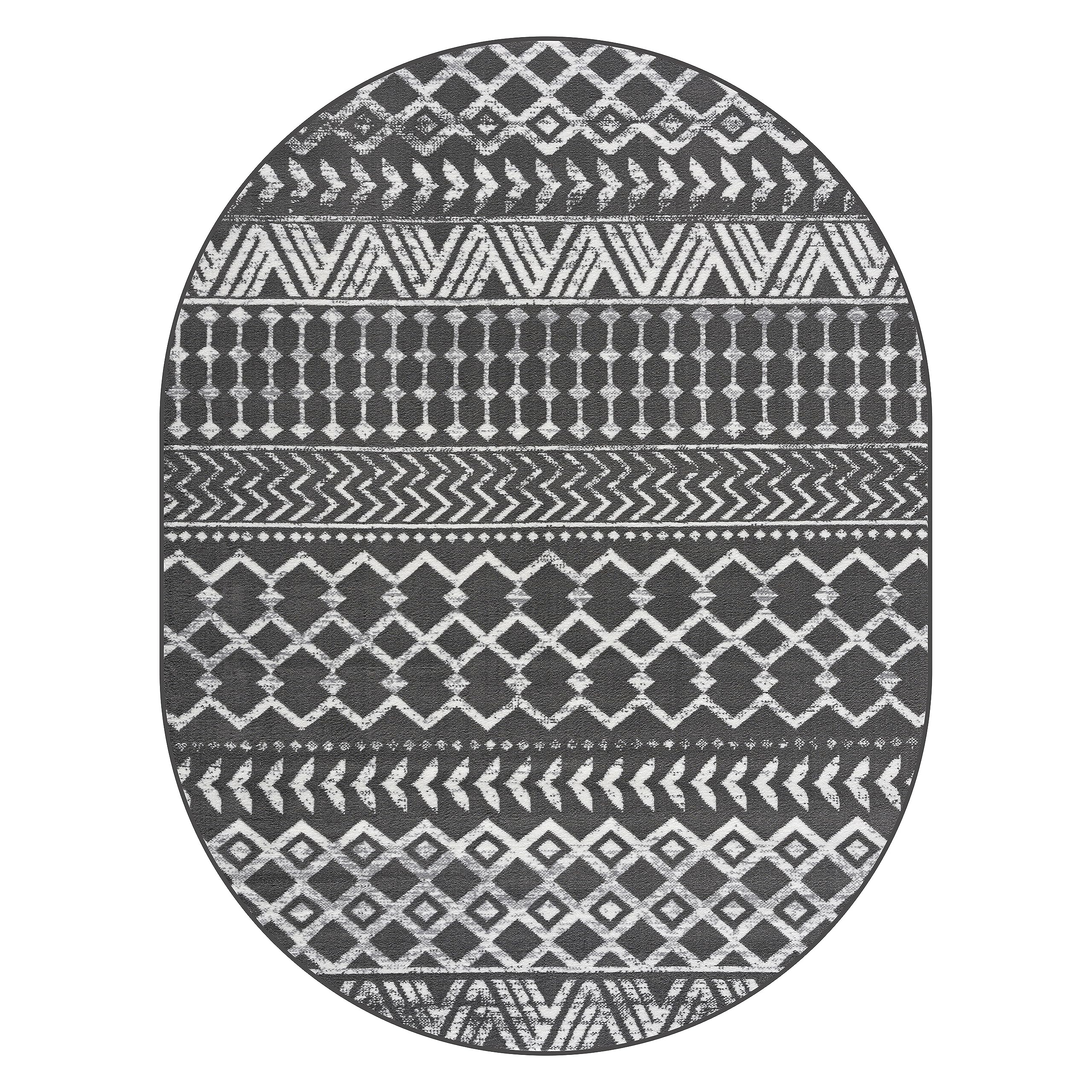 CAMILSON Boho Moroccan Dark Gray Oval Rug Geometric Diamond 5x7 Area Rugs for Living Room Bedroom Kitchen Modern Bohemian Soft Stain Resistant Non-Shedding Indoor Carpet (5 x 7 Dark Grey and Cream)