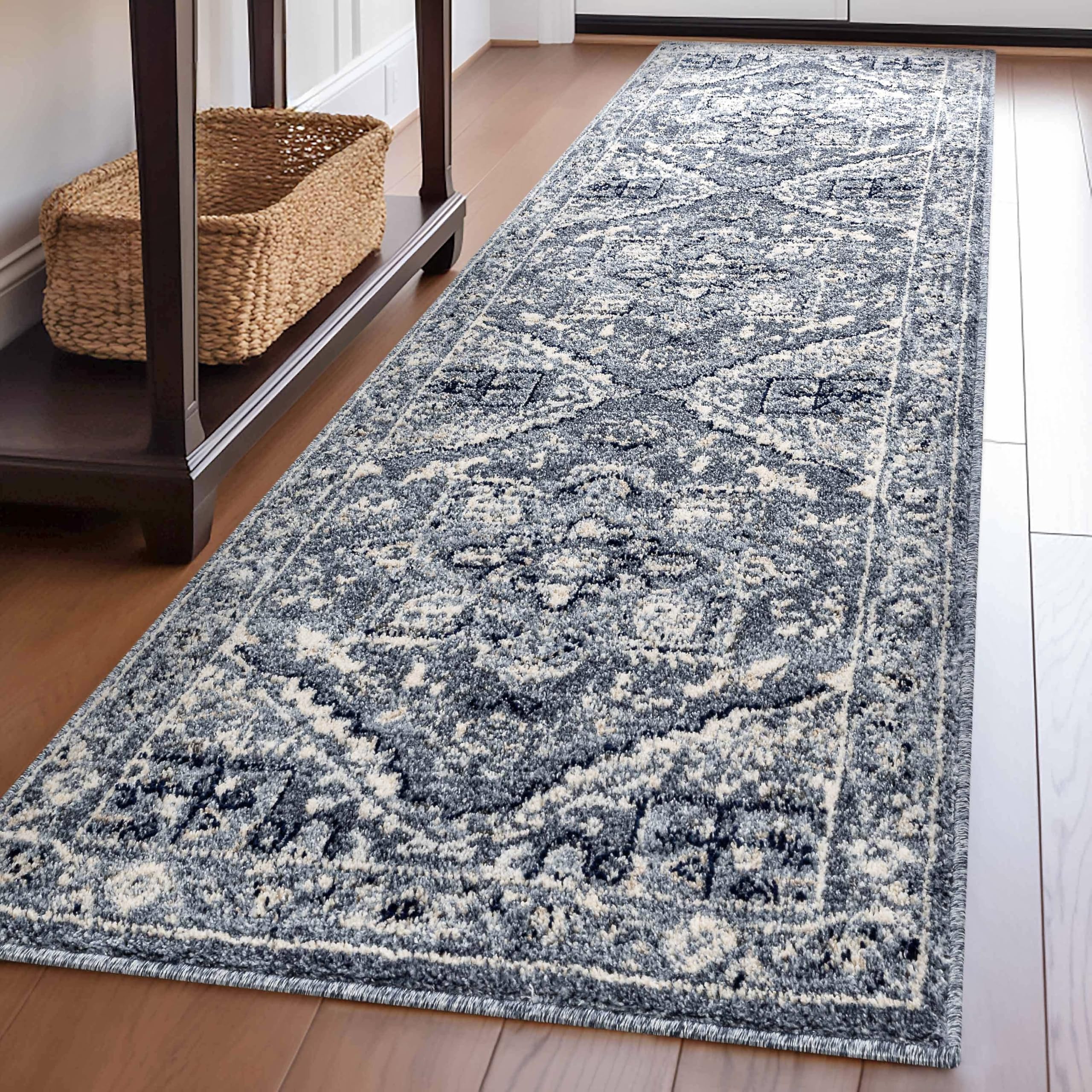 Well Woven Omaha Collection Camilla Transitional Medallion Denim Blue 2'3" x 7'3" Runner Rug - for Hallways, Kitchens, and Entryways