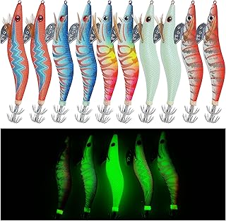 Squid Jigs Shrimp Fishing Lures - 10pcs Fishing Hard Lures Squid jig Hooks Shrimp Artificial Spinner Lures Kit with Luminous Prawn Tail Glow in Dark for Cuttlefish Octopus Squid