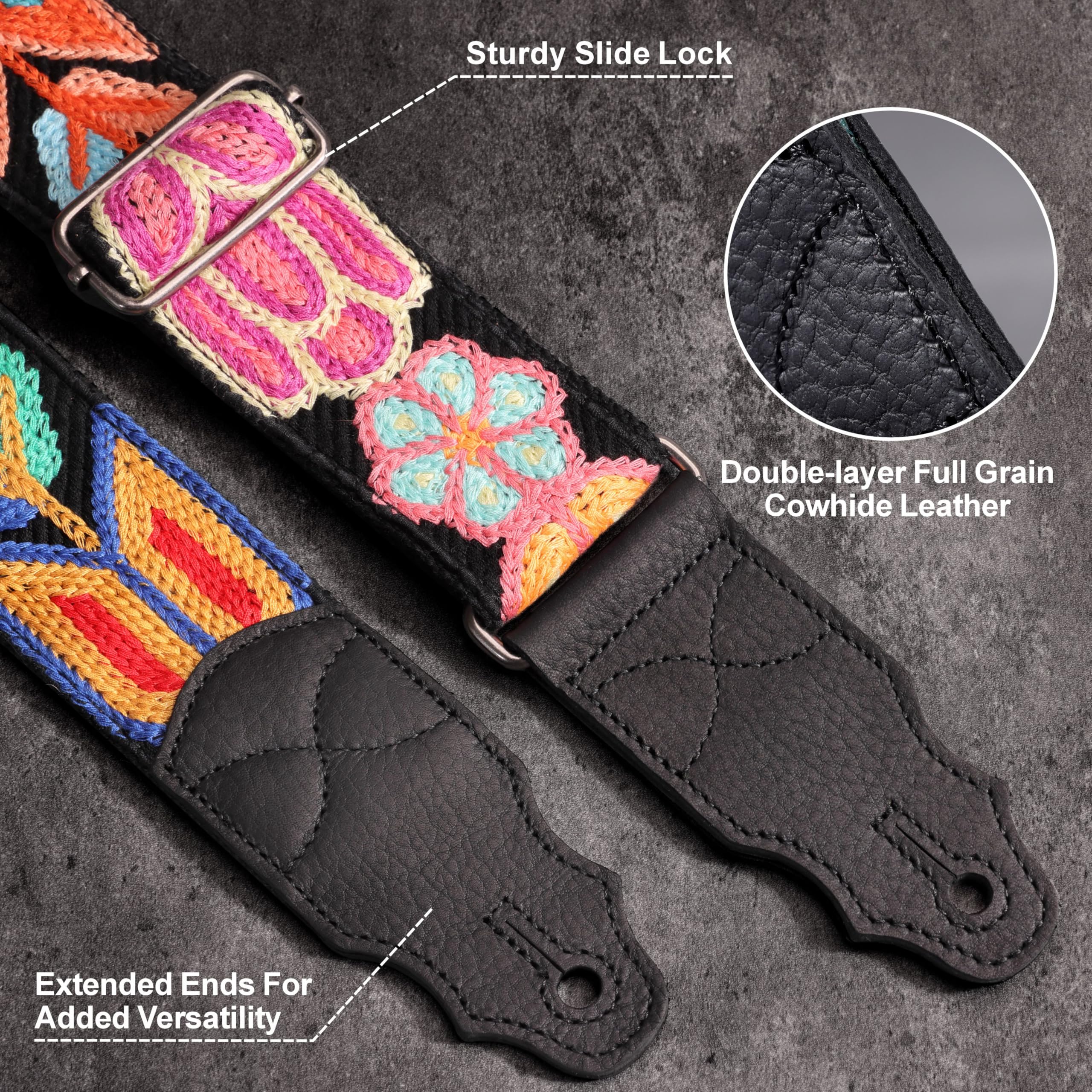 YIKOKO Guitar Strap 2", Soft Woolen Knit, Cowhide Leather End, for Acoustic and Bass Electric Guitars Free Button - Image 2