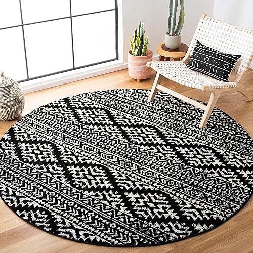 SAFAVIEH Tulum Collection 11' Round Black/Ivory TUL272Z Moroccan Boho Tribal Non-Shedding Dining Room Entryway Foyer Living Room Bedroom Area Rug