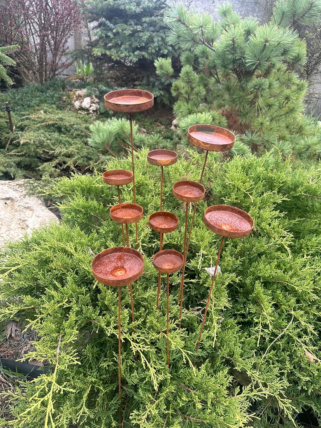 Rain Catcher Outdoor Garden Decor, Rusty Flower Garden Stakes, Yard Art, Bee Feeder, Rustic Metal Bowl for Birds and Pollinators