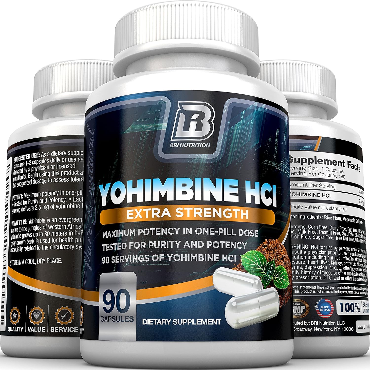 BRI Nutrition Yohimbine HCI - 2.5mg Yohimbe HCL Supplement Natural Metabolism Booster for Fat Burning, Weight Loss and Enhanced Performance 90 Vegetable Cellulose Capsules : Health & Household