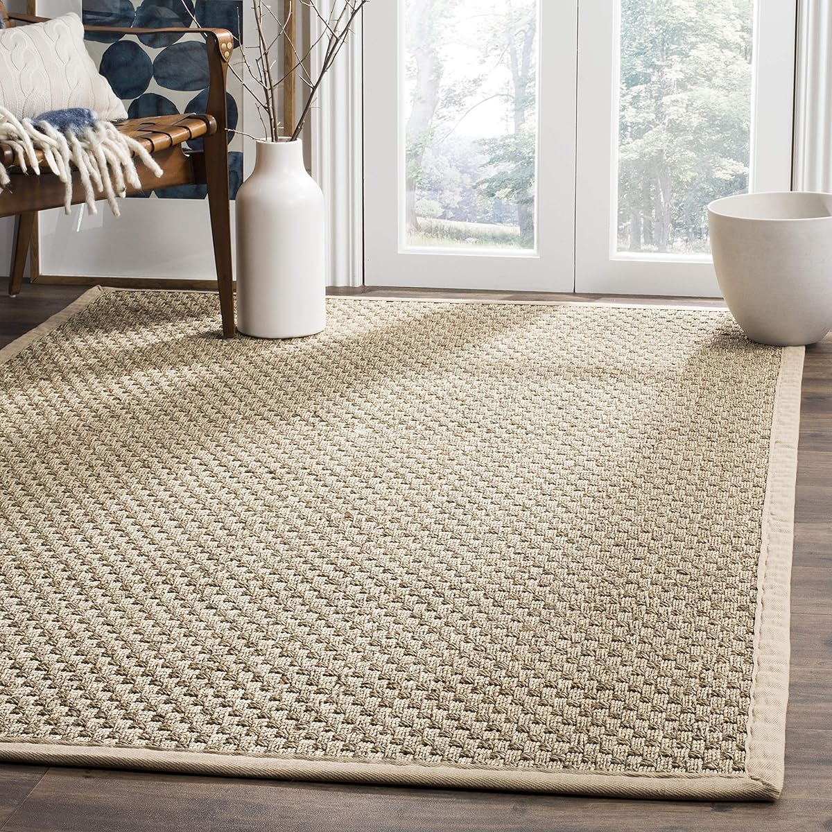 SAFAVIEH Area Rug 6x9 - Natural Fiber Collection - Natural & Beige, Seagrass, Basketweave Pattern with Border (NF114A)