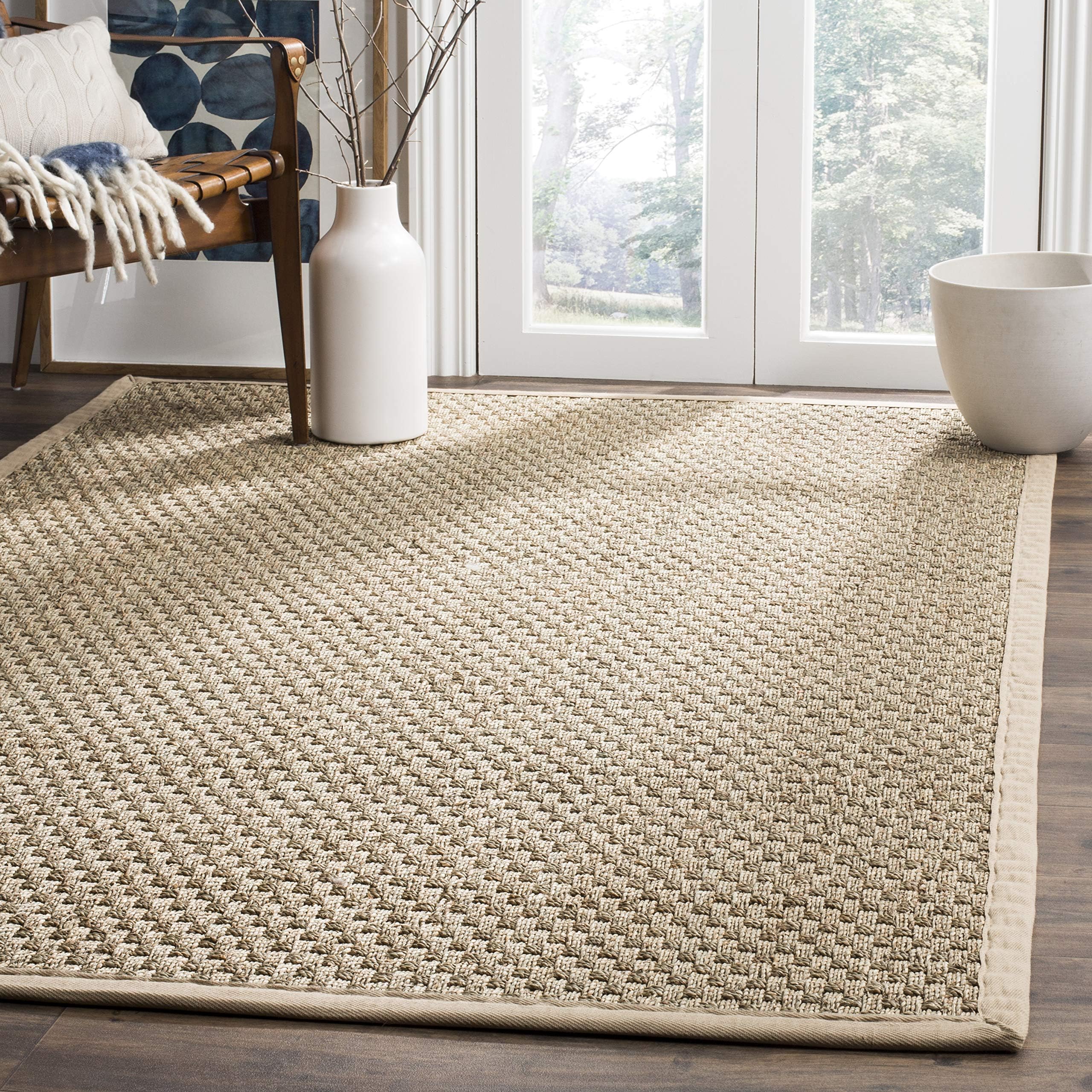 SAFAVIEH Area Rug 6x9 - Natural Fiber Collection - Natural & Beige, Seagrass, Basketweave Pattern with Border (NF114A)