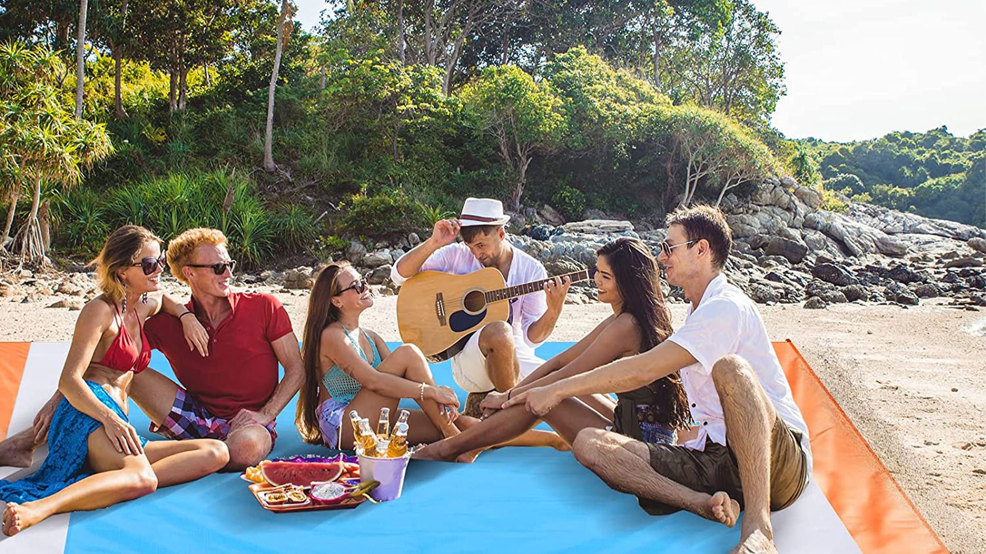 Telo Spiaggia 200x210cm Antisabbia - Impermeabile, Leggero, Per Picnic, Campeggio, Arancione/Bianco/Blu - Foto 4