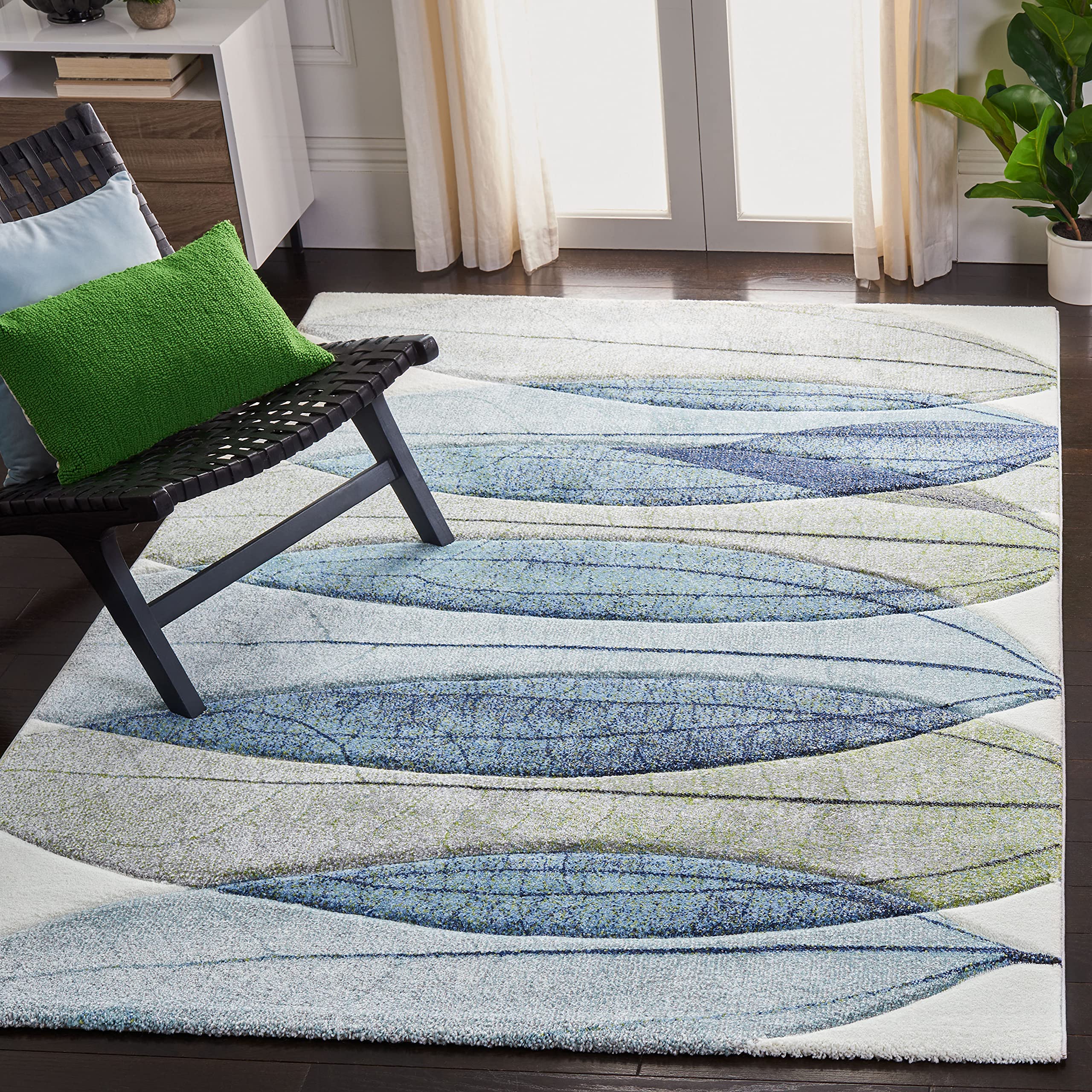 SAFAVIEH Hollywood Collection Accent Rug - 2'7" x 5', Ivory & Blue, Mid-Century Modern Design, Non-Shedding & Easy Care, Ideal for High Traffic Areas