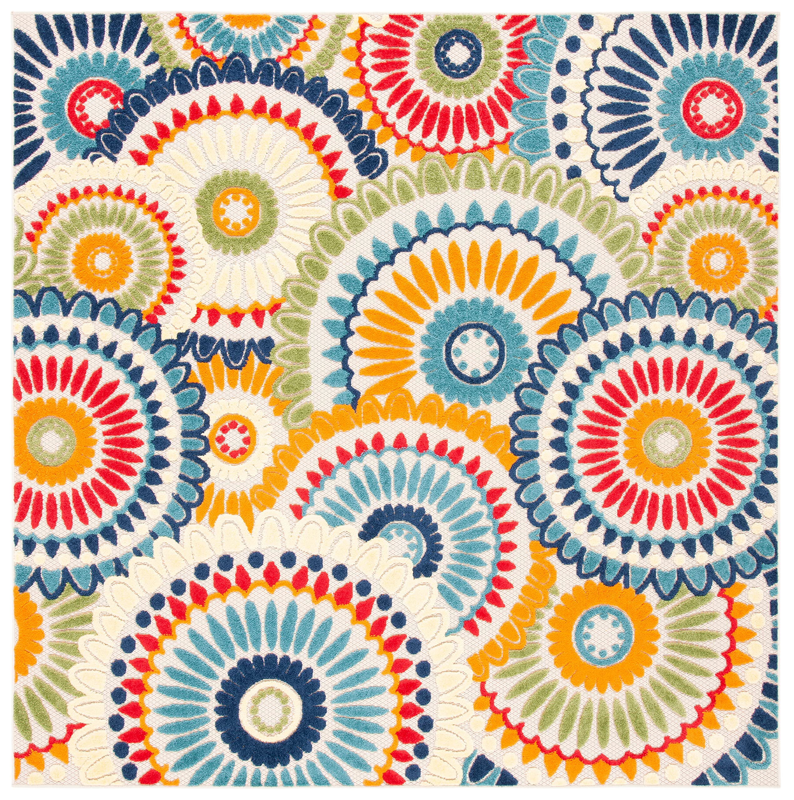 SAFAVIEH Washable Rug Outdoor Cabana Collection - 8' Square, Blue & Ivory, Non-Shedding & Easy to Clean, Ideal for Patio, Backyard, Mudroom (CBN382M)