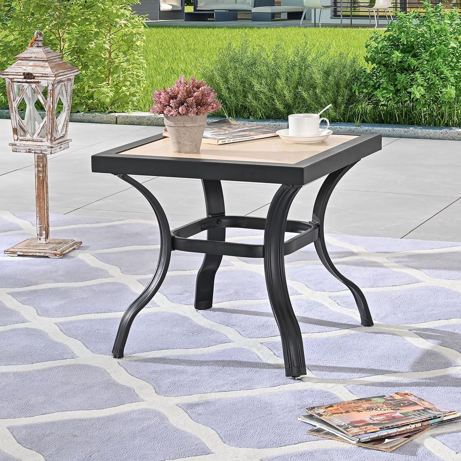 LOKATSE Home Outdoor Patio Bistro Side End Table Square Metal Frame Removable Tile Table Top Dining Coffee Table for Garden Swimming Pool Outdoor Patio Furniture