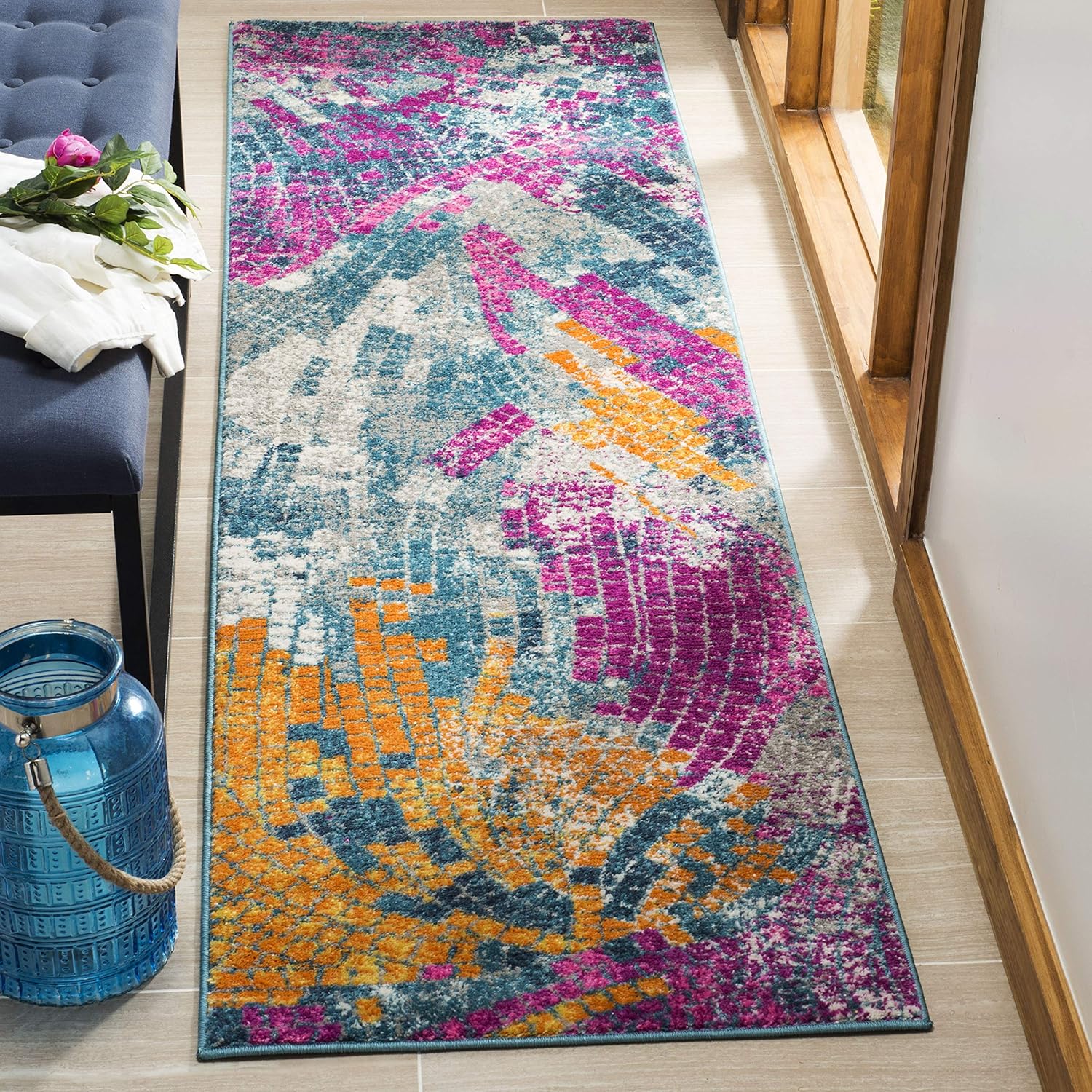 SAFAVIEH Madison Collection Runner Rug - 2'3" x 8', Blue & Multi, Modern Boho Abstract Design, Non-Shedding & Easy Care, Ideal for High Traffic Areas in Living Room, Bedroom (MAD201M)